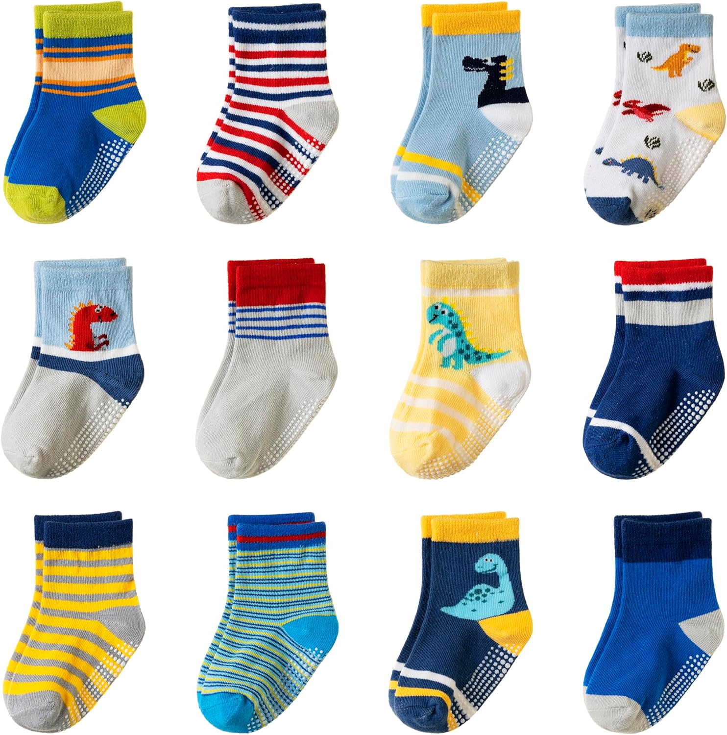 Toddler Non Slip Grips Socks Kids Anti Skid Baby Boys Girls Cotton Crew Socks 12 Pairs