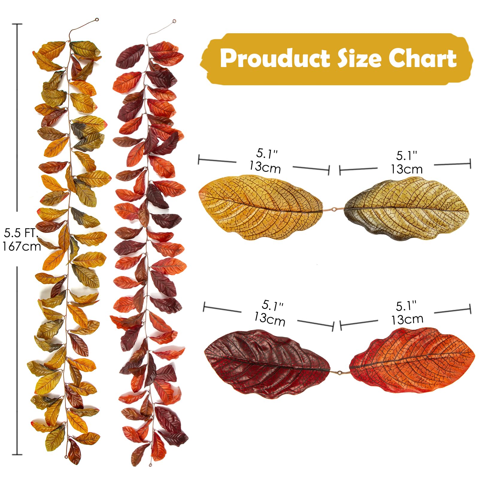 Guirlande Feuilles De Magnolia D'automne - 1,8 M, Décor Saisonnier Pour Porte, Cheminée, Mur - Thanksgiving, Mariage, Maison - 5