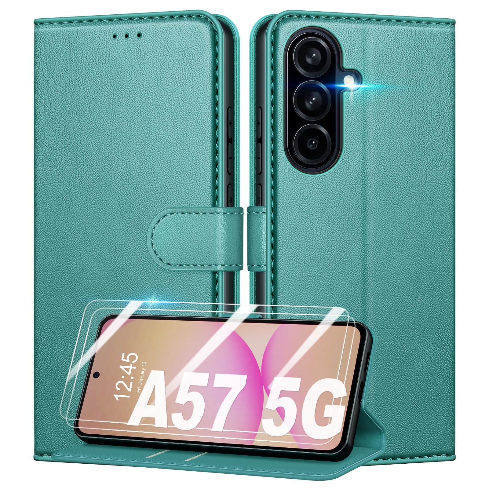 Etui do Samsung Galaxy A57 5G książka ze skóry PU, [z 2 sztukami szkła hartowanego] Odporny na wstrząsy futerał na portfel [blokada RFID] [Funkcja stojaka] [gniazdo kart], zielony