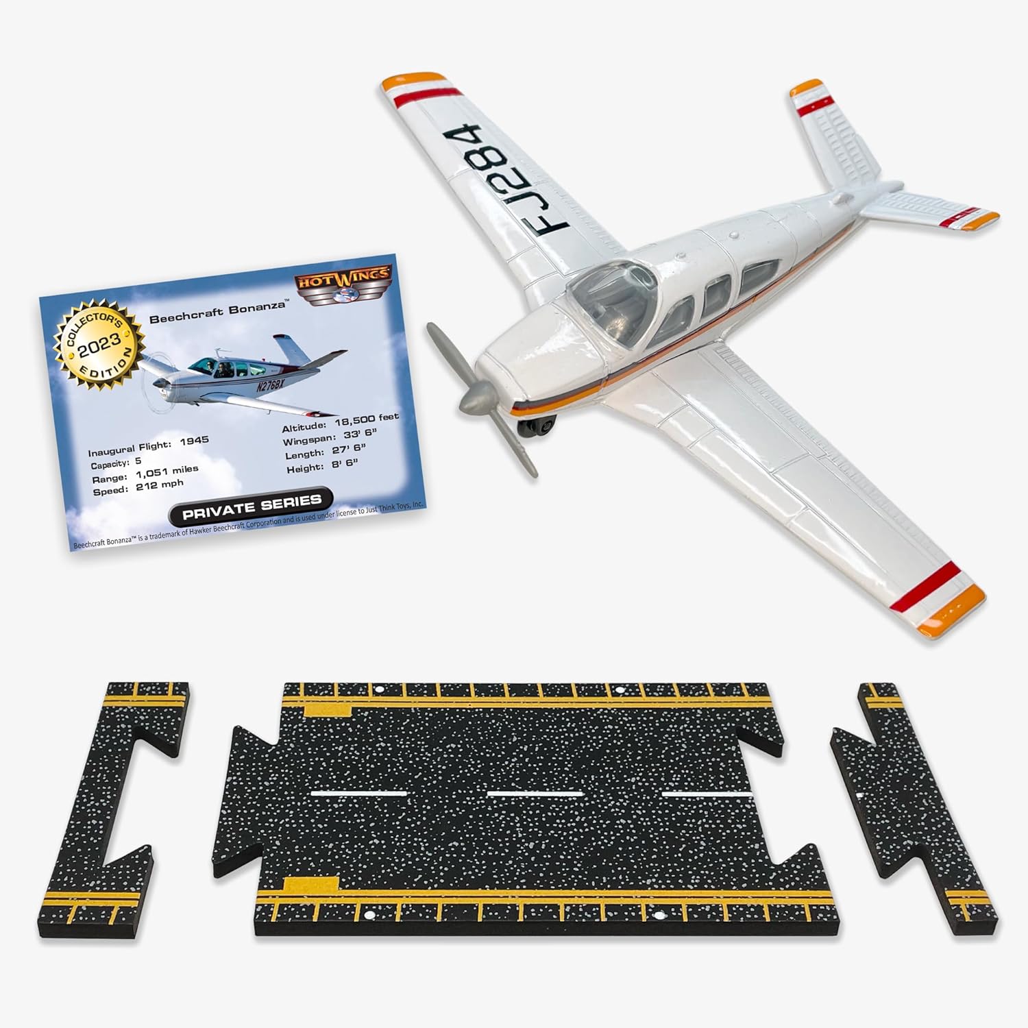 Hot Wings Beechcraft Bonanza with connectible Runway Die Cast Plane in Aviation Museums Nationwide