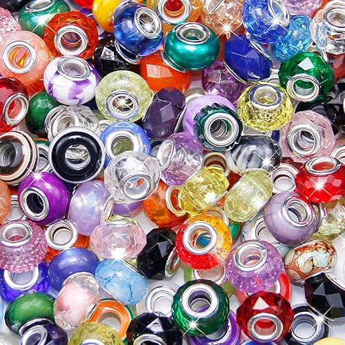 100 Piezas de Cuentas Europeas de Agujero Grande, Cuentas de Manualidades Europeas Surtidas de Color Mixto con Strass Lampwork, Cuentas Espaciadoras