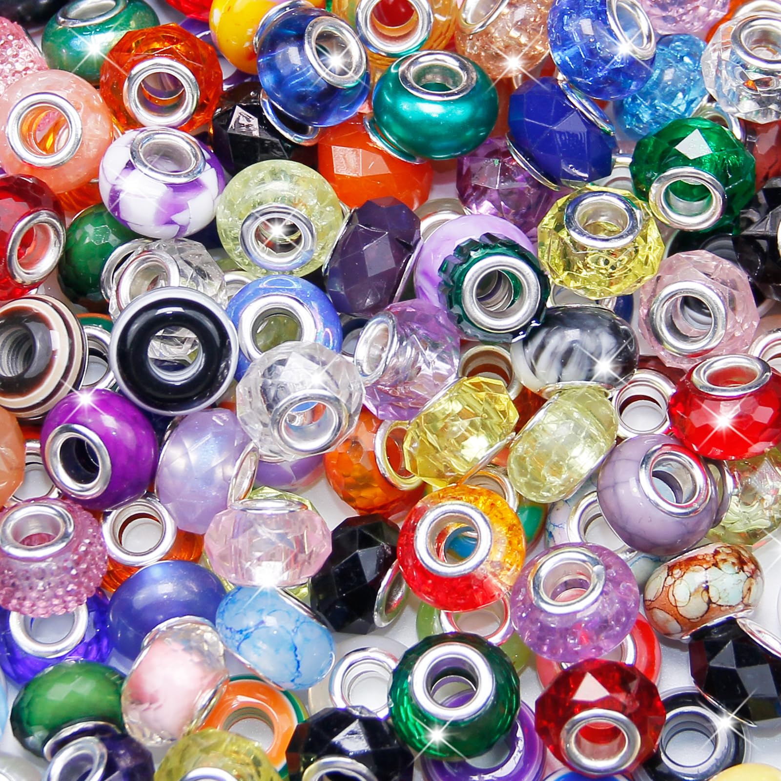 Photo 1 of 100 Pieces European Large Hole Beads, Assorted European Craft Bead Mixed Color Rhinestone Lampwork Beads Large Hole Spacer Bead for DIY Charms Bracelet Necklace Earring Jewelry Making Supplies