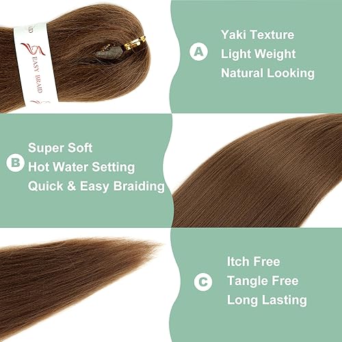 Miniatura 3 de Kanekalon - Cabello trenzado marrón preestirado de 30 pulgadas, 3 paquetes de cabello trenzado preestirado de color 30 EZ, textura Yaki, extensiones