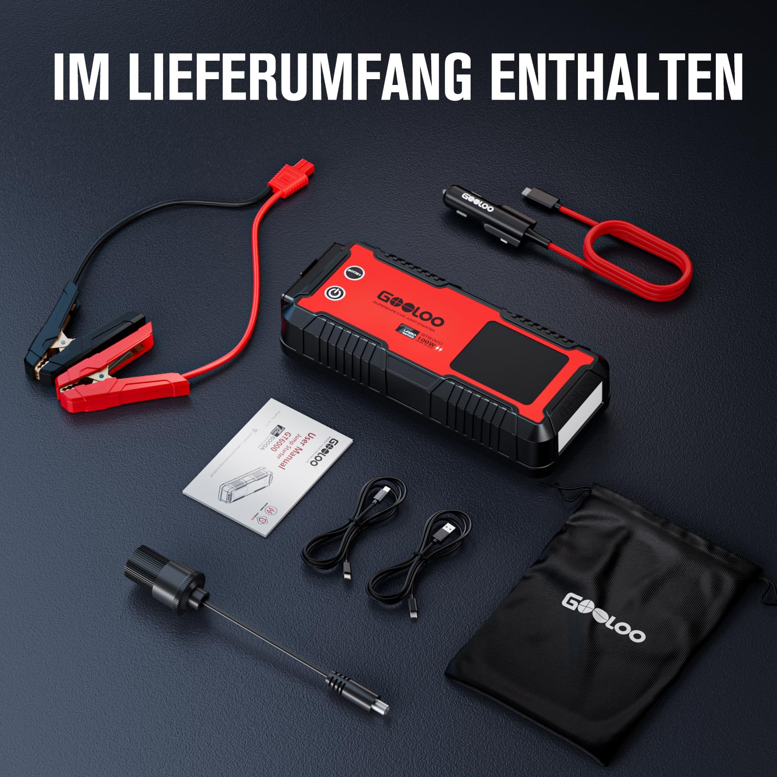 GOOLOO GT6000 Starthilfe Powerbank,6000A Peak Ultar Sicher Zweiwege-Schnellladegerät für 12V Fahrzeuge(All Benzin und 12 L Diesel), Booster Auto Starthilfe mit LED Taschenlampe UND 3,2 LED Bildschirm