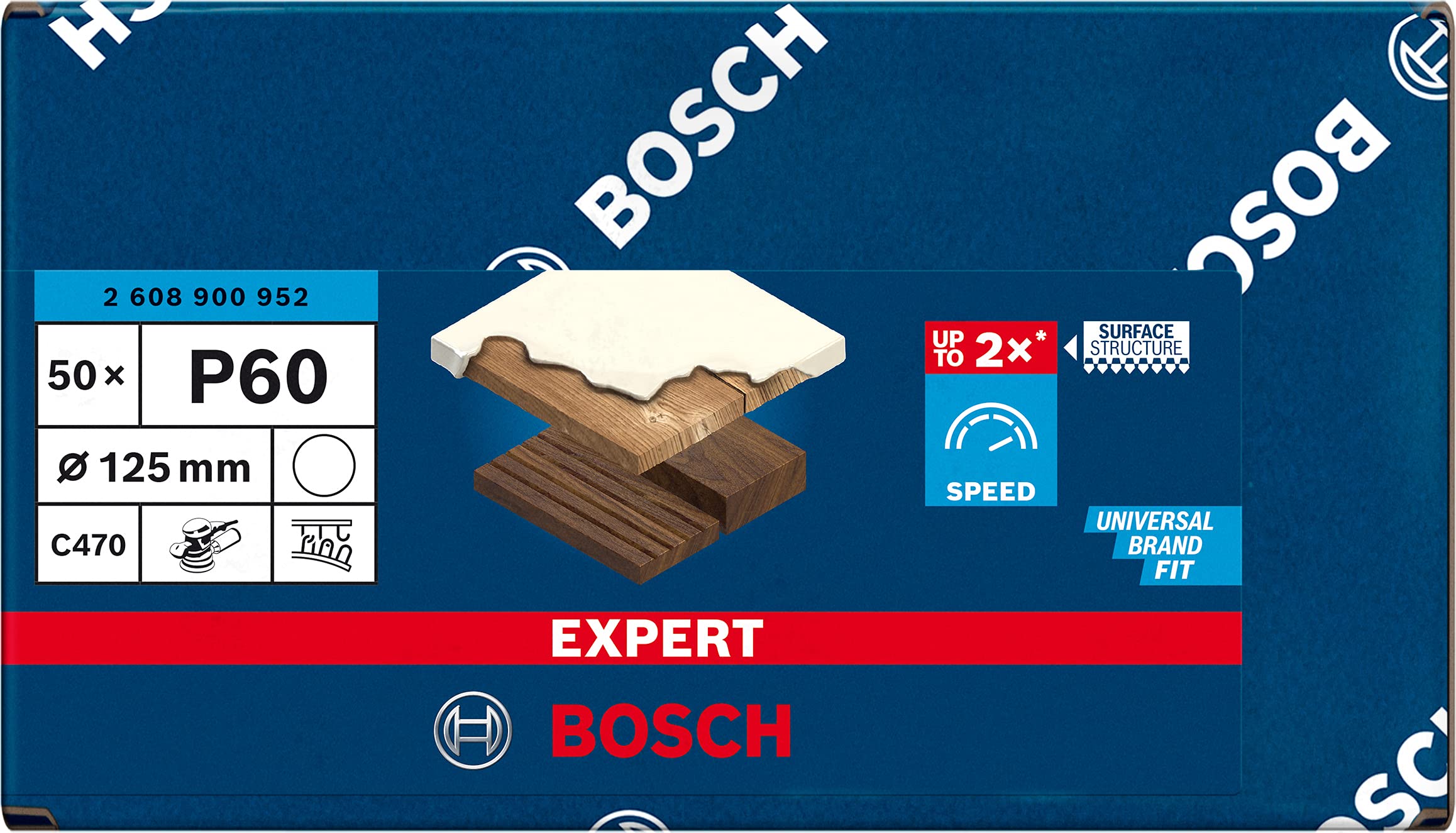 Bosch Professional 50x Papiery ścierne EXPERT C470 bez otworów (do Farba na drewnie, Twarde drewno, Ø 125 mm, Ziarnistość 60, Akcesoria Wiertarki/Wkrętarki)