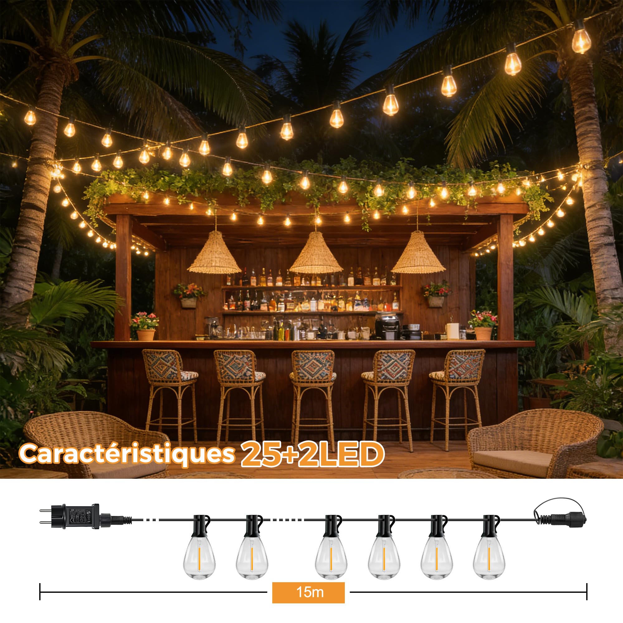 HeiPard Guirlande Guinguette Exterieur,15m 25+2 Ampoules Guirlande Lumineuse Exterieure LED IP45 Étanche Télécommande Dimmable Minuterie Guirlande LED Exterieur pour Decoration Jardin Terrasse Balcon | S11 Lumières d'extérieur de jardin à intensité variab