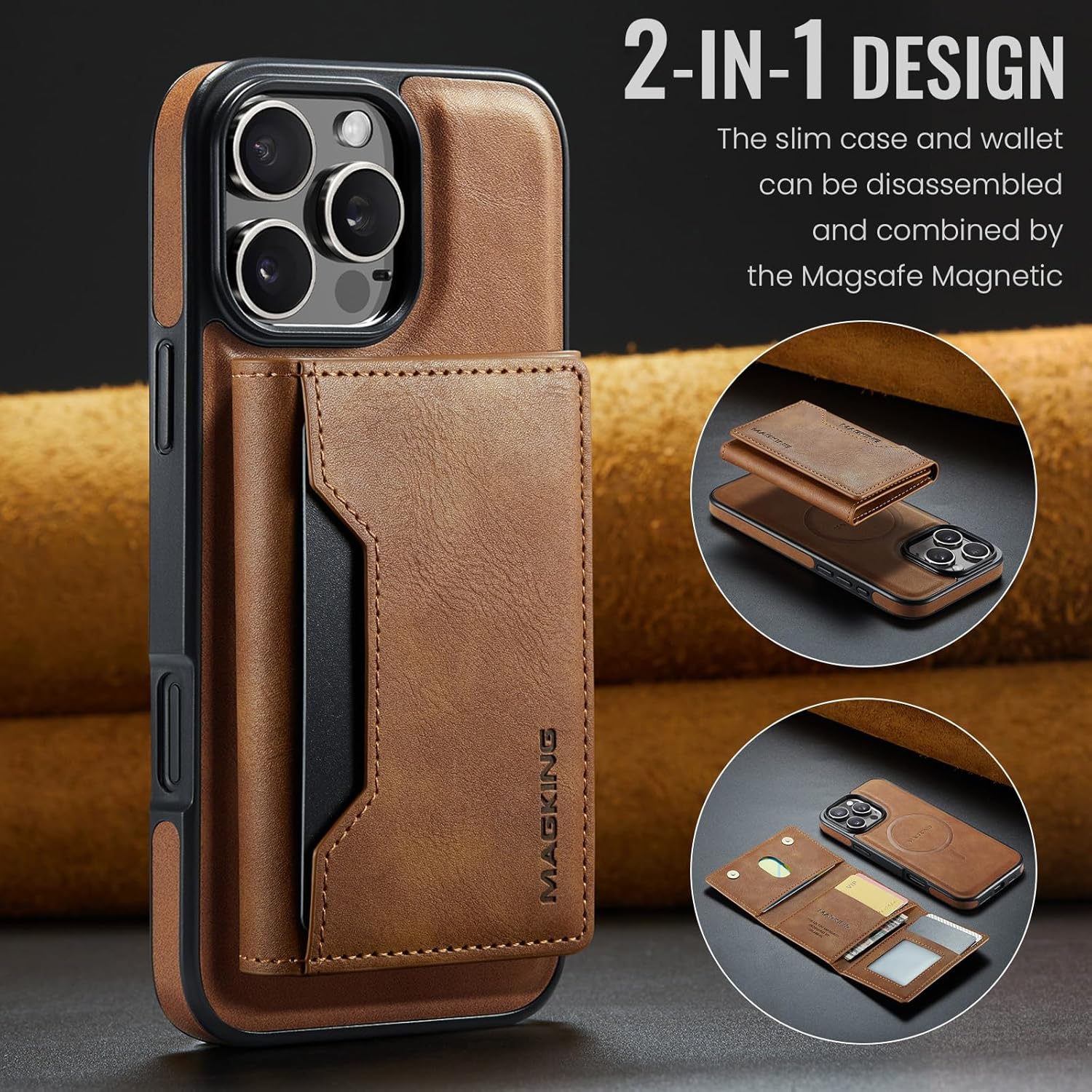 SZHAIYU K2 2 in 1 Detachable Magnetic Phone Cases Compatible with iPhone 16 Pro Case with Card Holder RFID Blocking, Compatible with Magsafe Wallet, Leather 6.3'' (iPhone 16 Pro,Brown) - Image 8