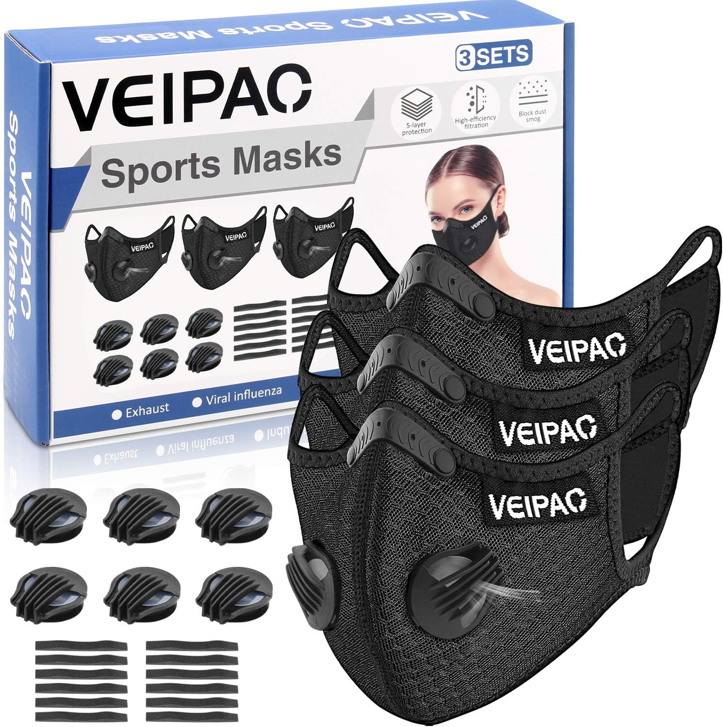 VEIPAO 3 Set Sports Running Mouth Cover with Activated Carbon Filter, 6 Breathing Valve, 12 Soft Foam Padding for Running Walking, Cycling, Motorcycle