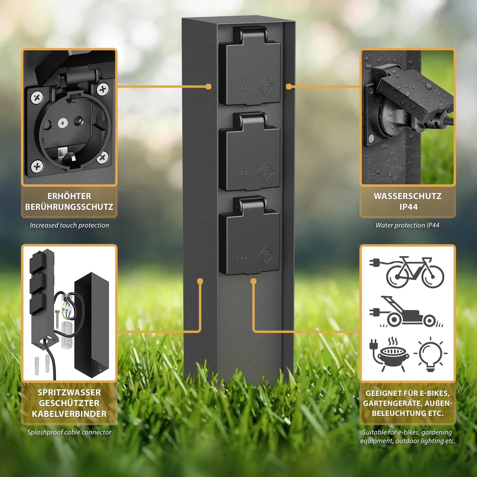 ledscom.de Colonnina con 2 prese da giardino POMI per esterni, IP44, a 3 prese, acciaio inossidabile, antracite, squadrata, 33 cm