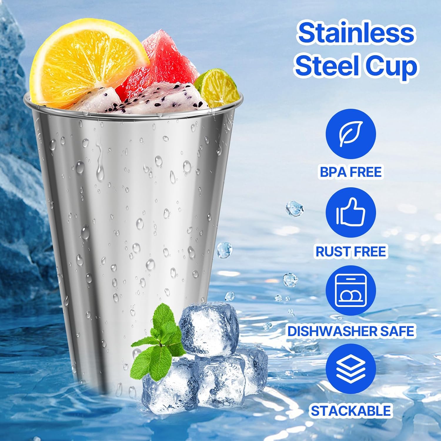 Set of 8 Stainless Steel Cups,16oz Stackable Metal Drinking Cups, Stacking Beer Pint Cups for Home, Party, Camping, Outdoor - Image 2