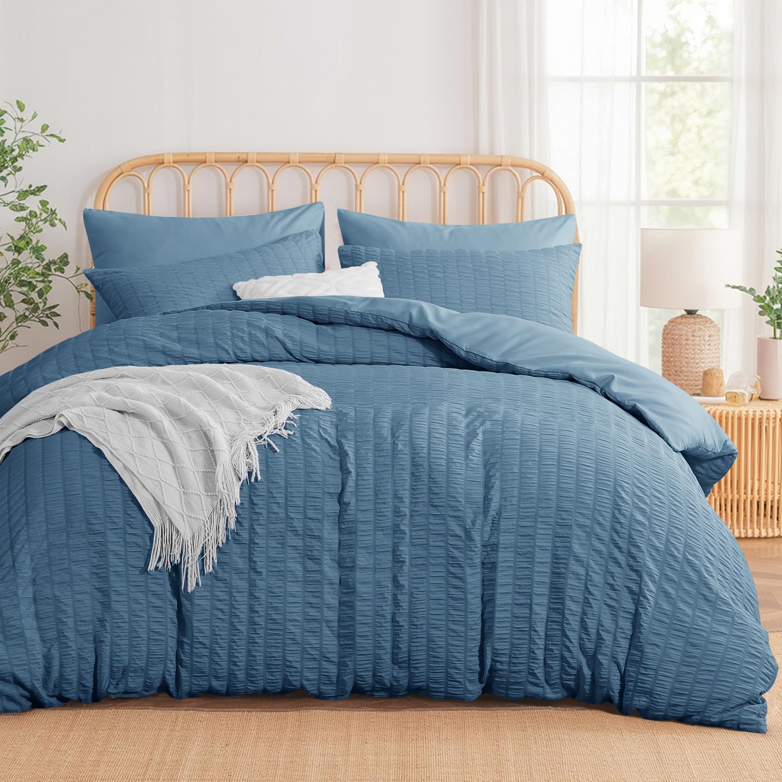 Aisbo Super King Size Duvet Cover Sets Dusty Blue Seersucker Bedding Set with 2 Pillowcases, Soft Breathable Textured Puckering Bed Quilt Cover Set with Zipper (260×220cm) 3pcs