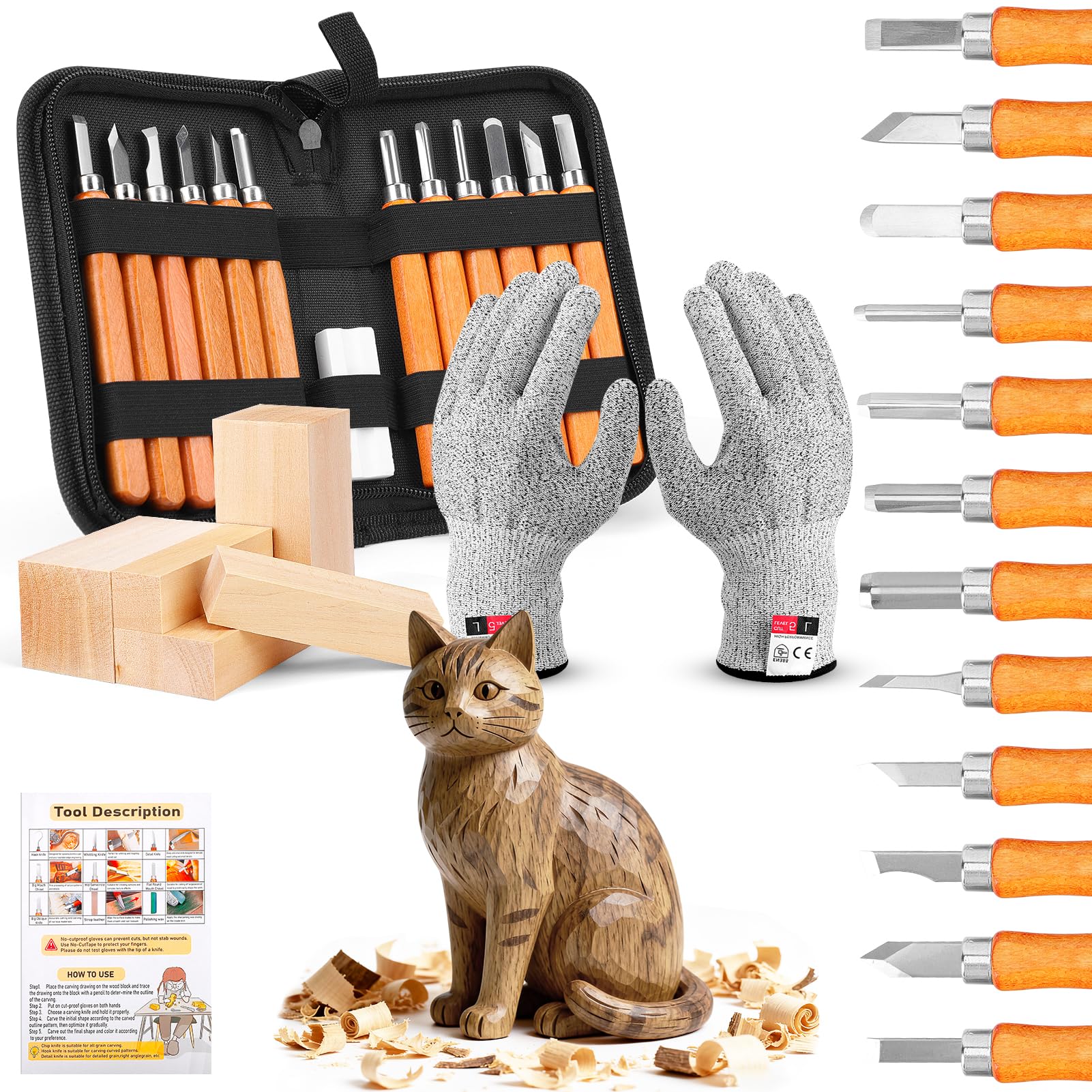 EOJDDPA Holzschnitzwerkzeug Set 12 teiliges Schnitzset mit Handschuhen, inkl. Anleitung & Lindenholz, Kreativ & sicher