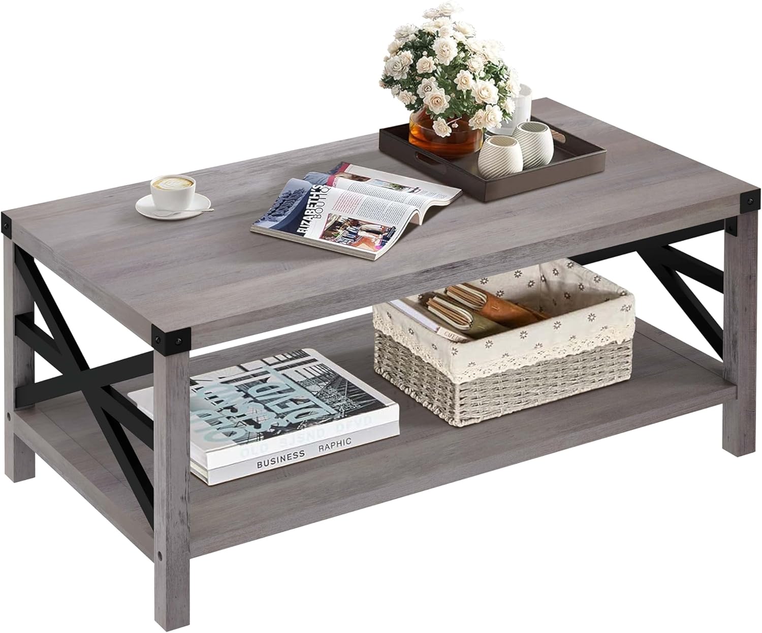 Amazon.com: SHPTMCALY Farmhouse Coffee Table, 40 Inch Rustic Living Room Table with Storage ...