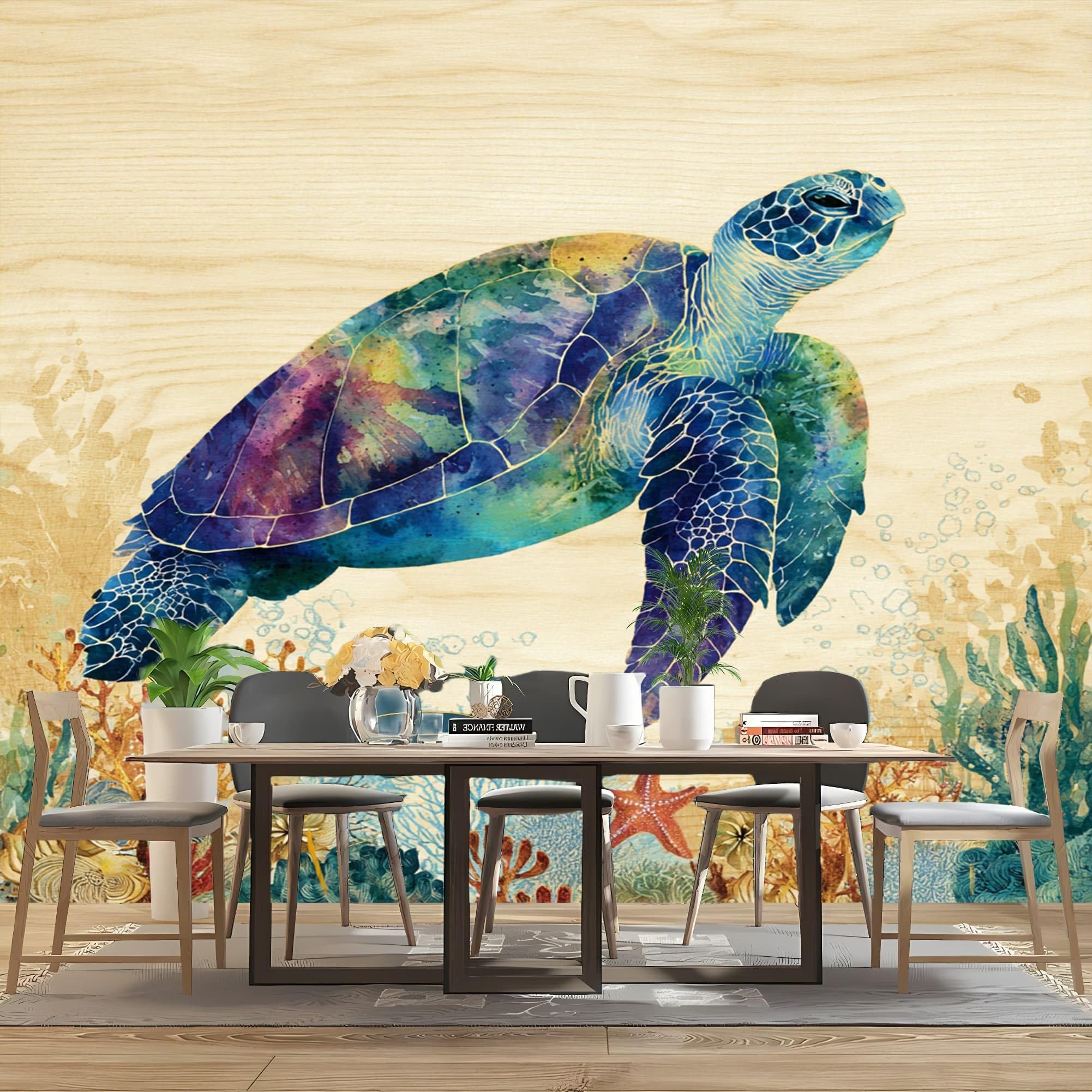 Tapeta na flizelinie XXL, tapeta ścienna, efekt 3D, dekoracja ścienna, żółw morski, fototapeta, samoprzylepna, nowoczesny design, niebieski wzór, tapeta do salonu, sypialni, biura, korytarza, 350 x