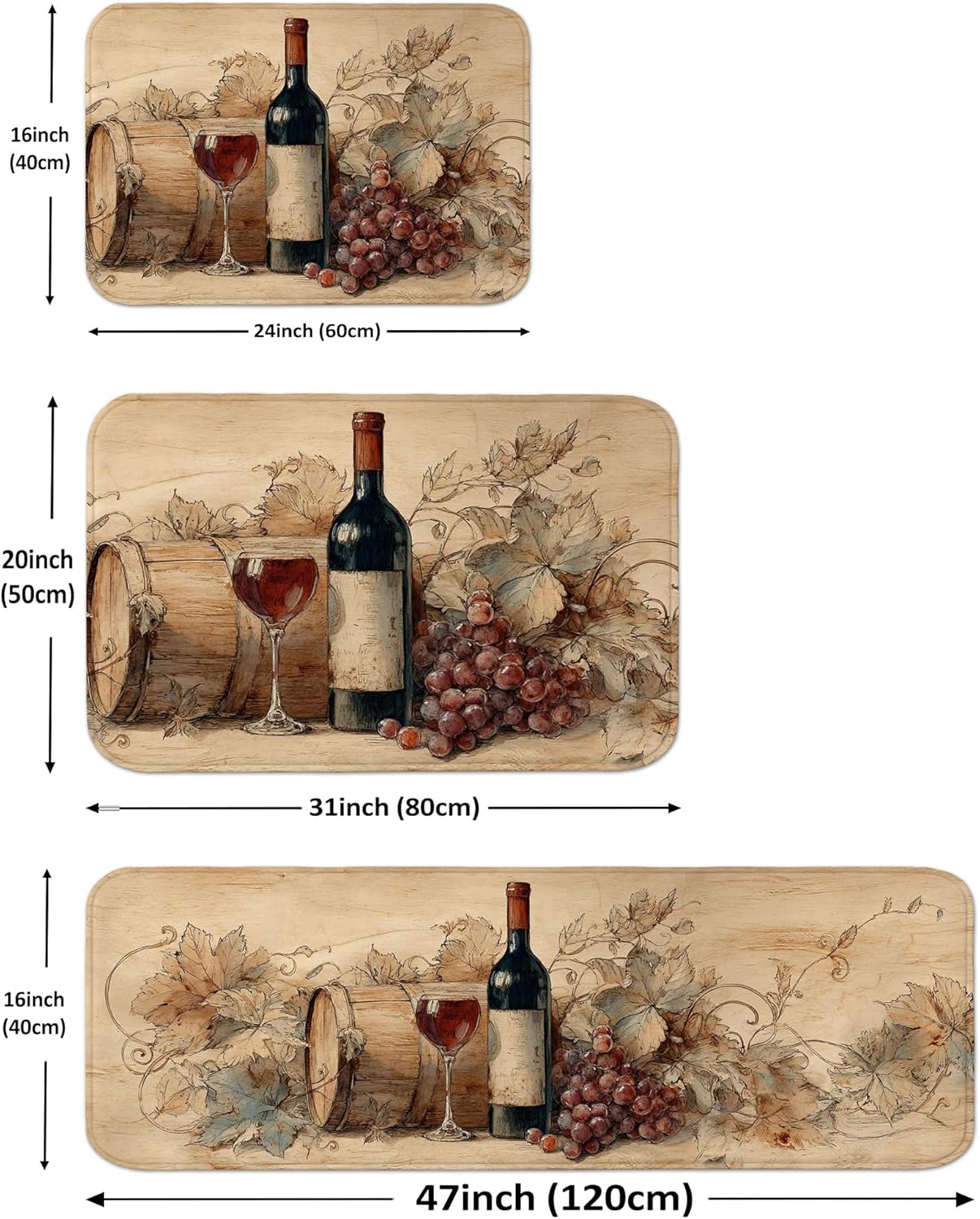Wine Themed Kitchen Mats for Floor, Vintage Grapes and Bottles Design Soft Mats, Cushioned Comfort Washable Non Slip Decor Rugs for Kitchen Sinks Laundryroom Bathroom 3Pcs