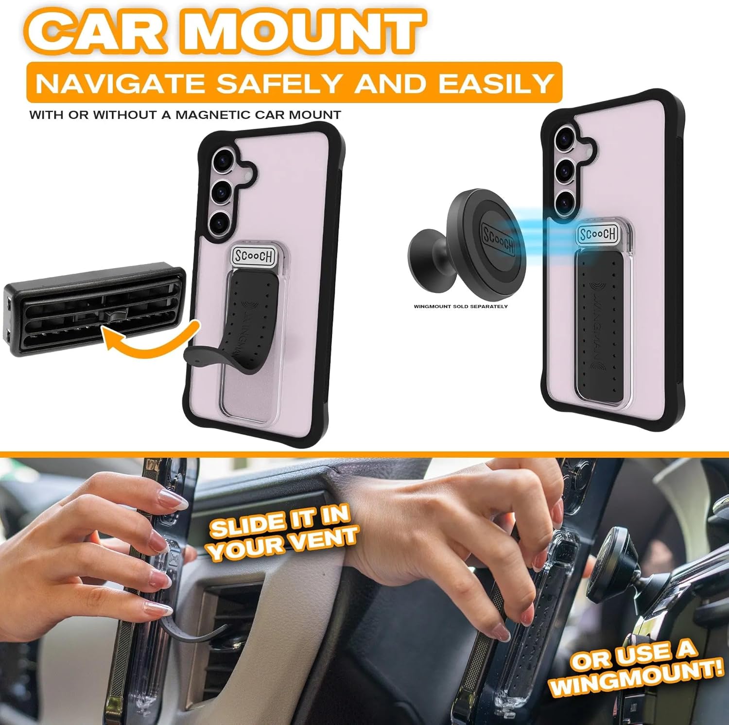 Scooch for Samsung Galaxy S25, 5-in-1 Wingman Kickstand Case, 10-Foot Military Grade Drop Protection, Pop-Out Kickstand, Phone Grip, Car Mount, Tuxedo Clear