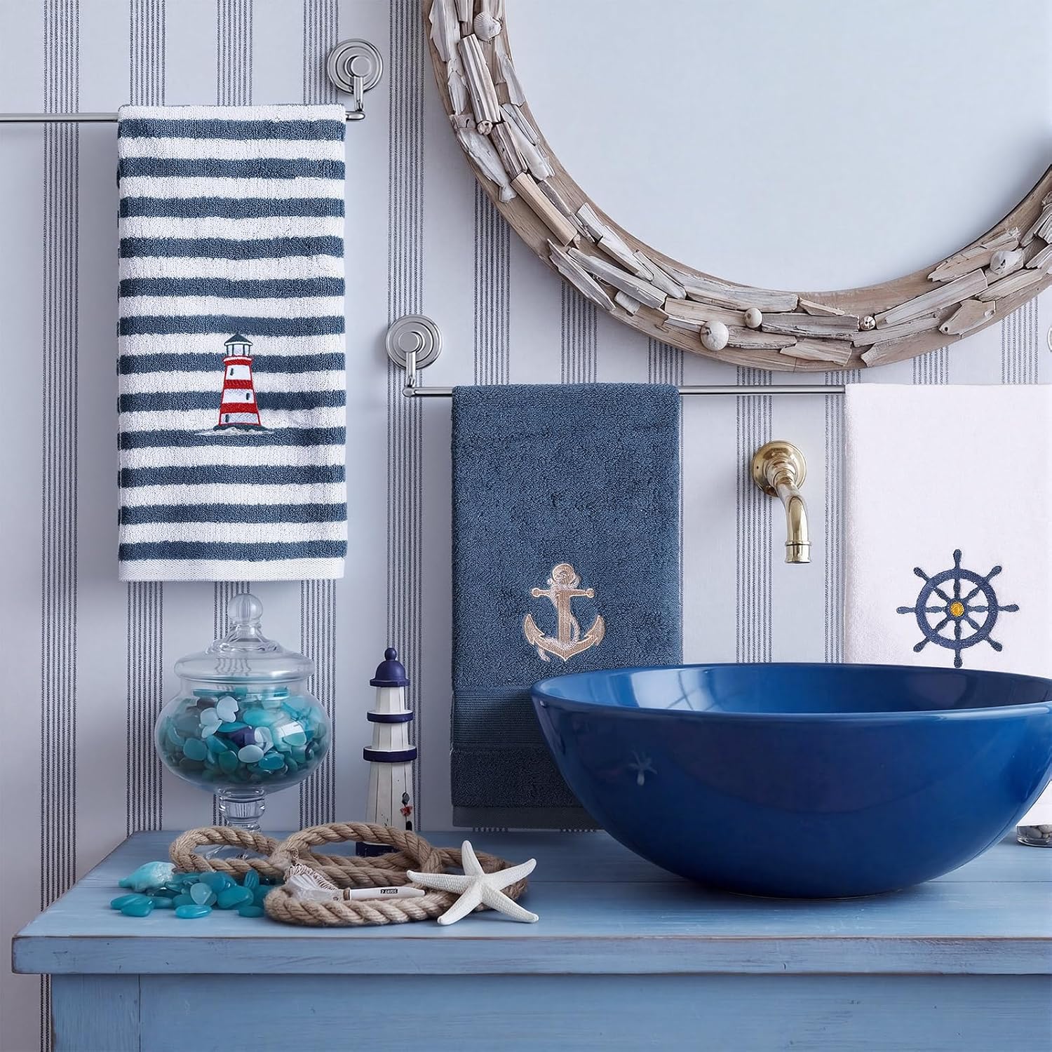 SmoothNovelty 3 Pcs Coastal Hand Towels, Nautical Embroidered Cotton | Anchor Ship Wheel Lighthouse Designs, Soft Absorbent for Bathroom Guest, Beach Lake Home Decor, 13.78x29.53 Inch