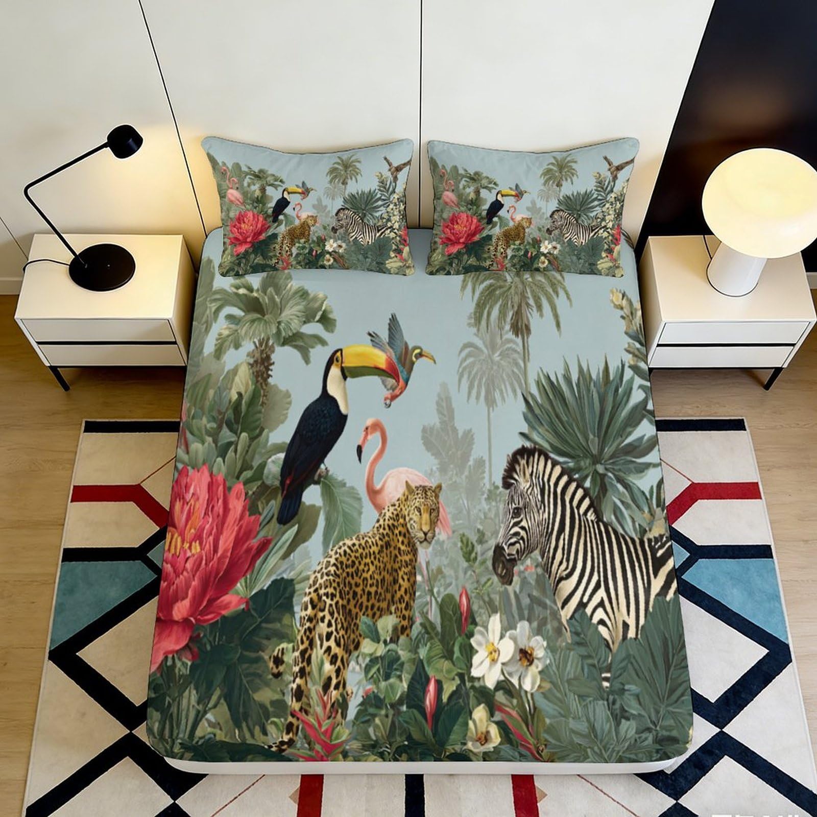 3D Printed Jungle Safari Fitted Sheet Microfiber Soft Breathable Tropical Wildlife Bed Cover for Bedroom Dorm Decor 90x200x25cm