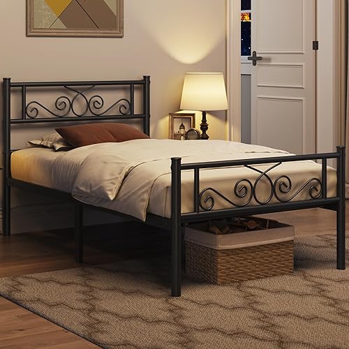 Miniatura 3 de Yaheetech Marco de cama individual XL, cama de plataforma de metal con cabecero y estribo, no necesita somier, fácil montaje, espacio debajo de la