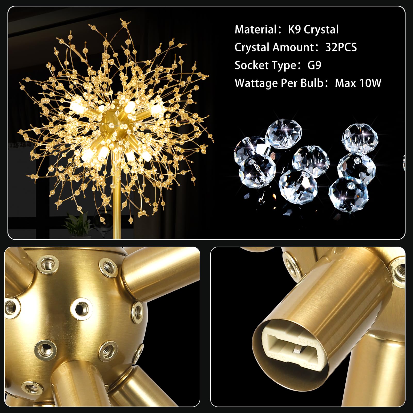 Rayofly Modern Stehlampen, Gold Feuerwerk Kristall Stehlampe Wohnzimmer, 8-Flammige Kristalle Stehlampen mit Fußschalter, Hohe 172CM, Glas Metall Stehleuchte, Golden Stehlampe für Schlafzimmer