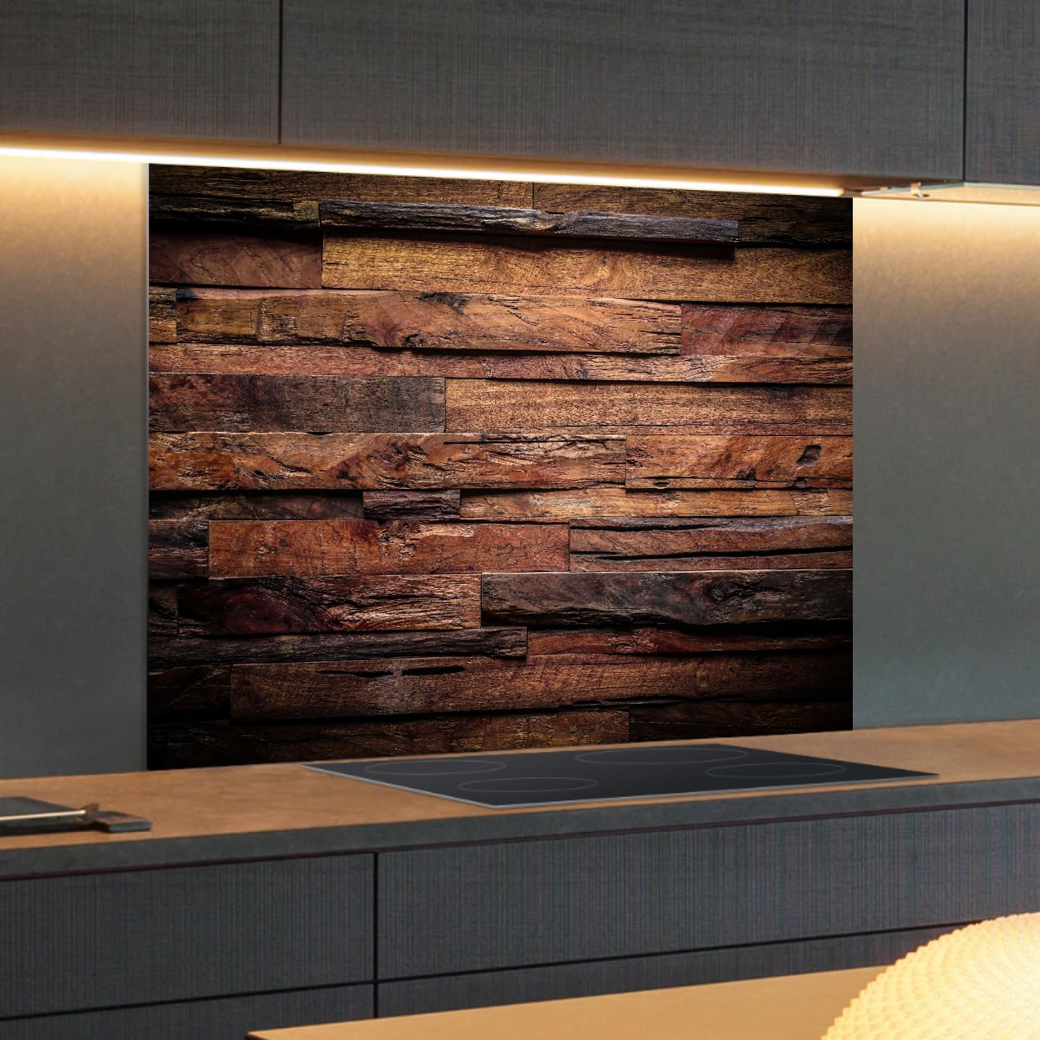 Spritzschutz Küchenrückwand Alu Glänzend 90 x 50 x 0,3 cm Dunkle Holztextur, Küchenwand Wandschutz, Herd Spritzschutz, Rückwand Küche, Pfannenspritzschutz - RUECKWAND24