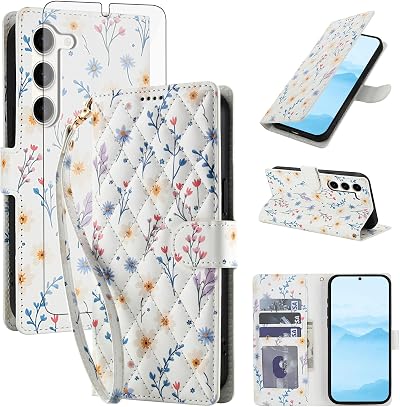 Asuwish Phone Case for Samsung Galaxy S23 5G Wallet Cell Flip Cover with Tempered Glass Screen Protector Flower Card Holder Stand S 23 23S GS23 G5 SM-S911U 6.1 inch Women Men A Flower
