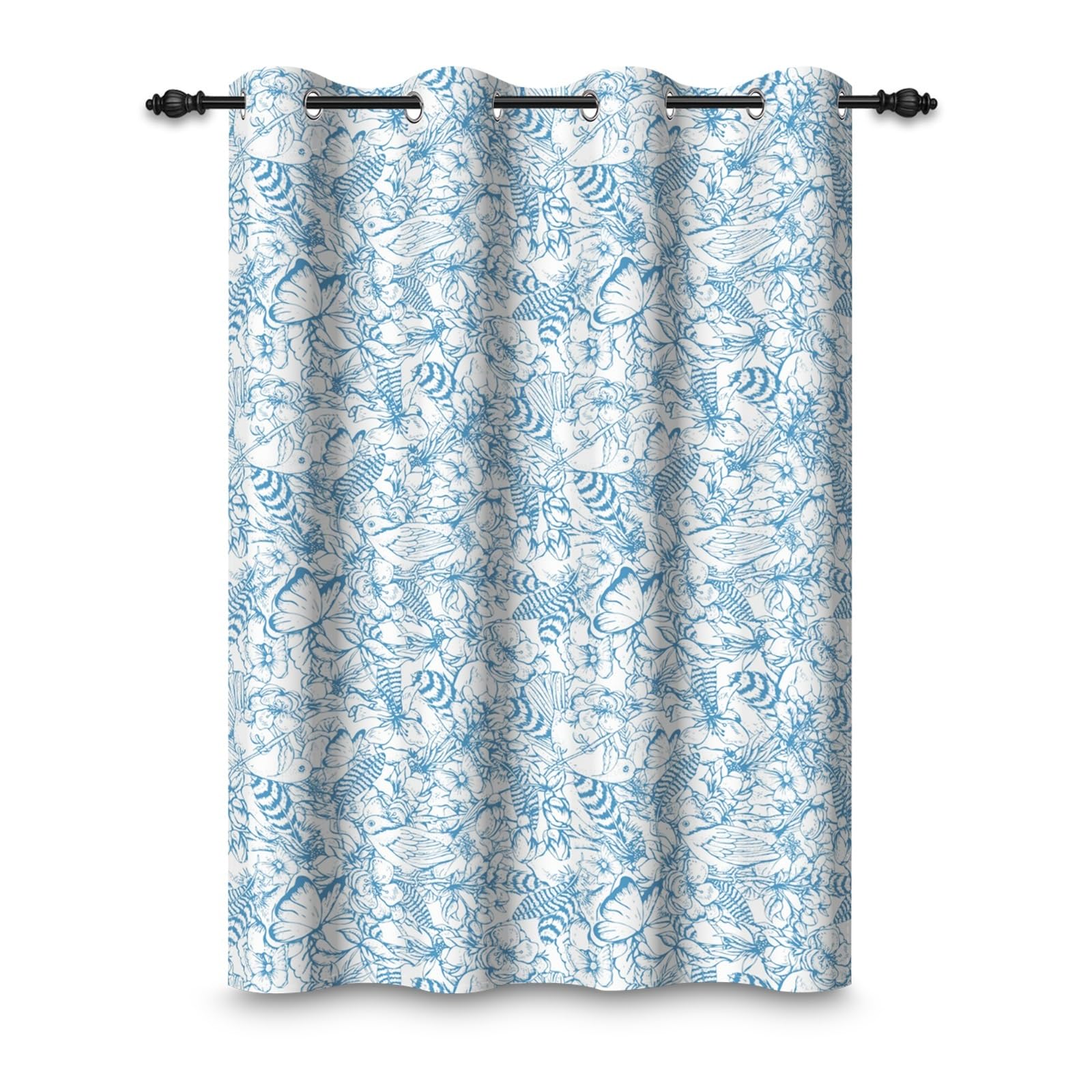Rideau occultant bleu motif floral et oiseau 135x229cm à œillets pour salon
