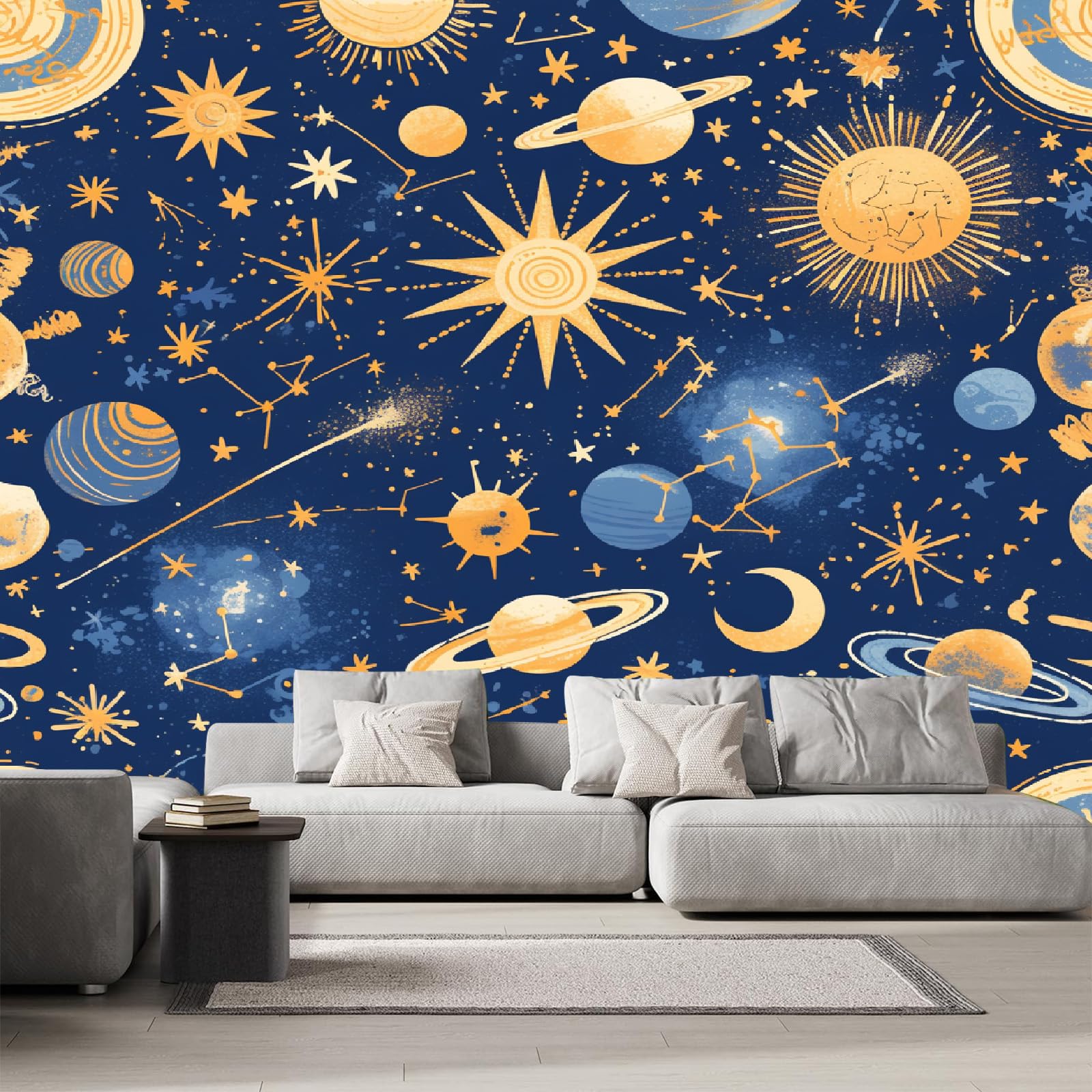 Ciel étoilé peint tapisserie photo 300x230 cm pour agrandir visuellement un salon trop sombre