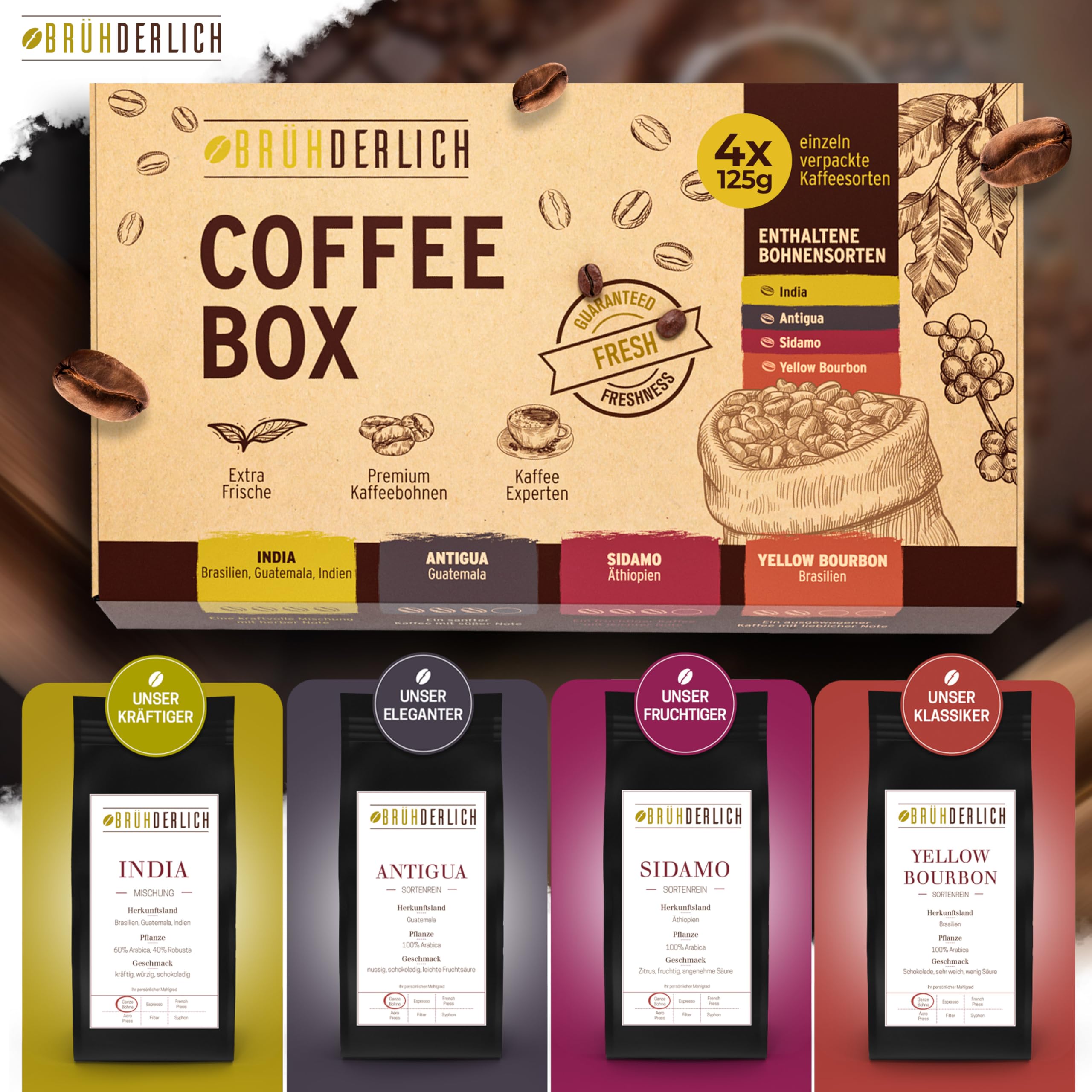 BRÜHDERLICH Kaffee Geschenkset 500g (4×125g) ganze Bohnen Premium Arabica Coffee Beans Geschenk für Kaffeeliebhaber