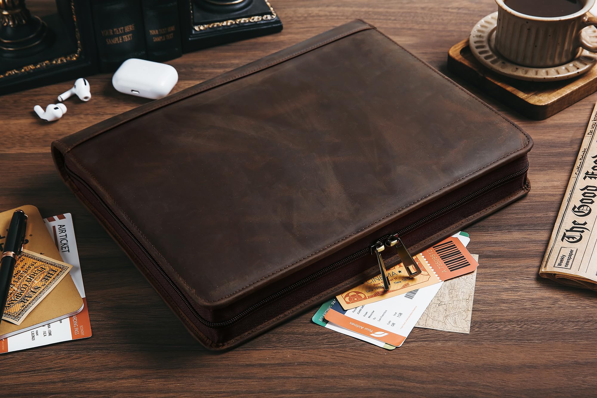 Portadocumenti fatto a mano in vera pelle per iPad/documenti, business padfolio con porta blocco note in pelle A4, cartella compatta in pelle per conferenze per uomini e donne, cachi scuro