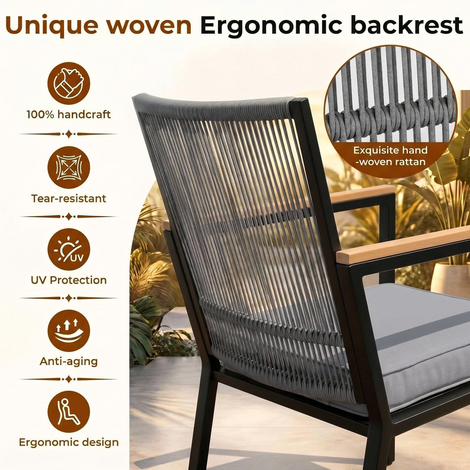 Clevich Set di mobili da giardino con cuscino rimovibile da 7 cm, schienale in rattan sintetico, struttura in metallo antiruggine e braccioli in WPC, tavolo e 2 sedie, per patio, balcone (grigio scuro