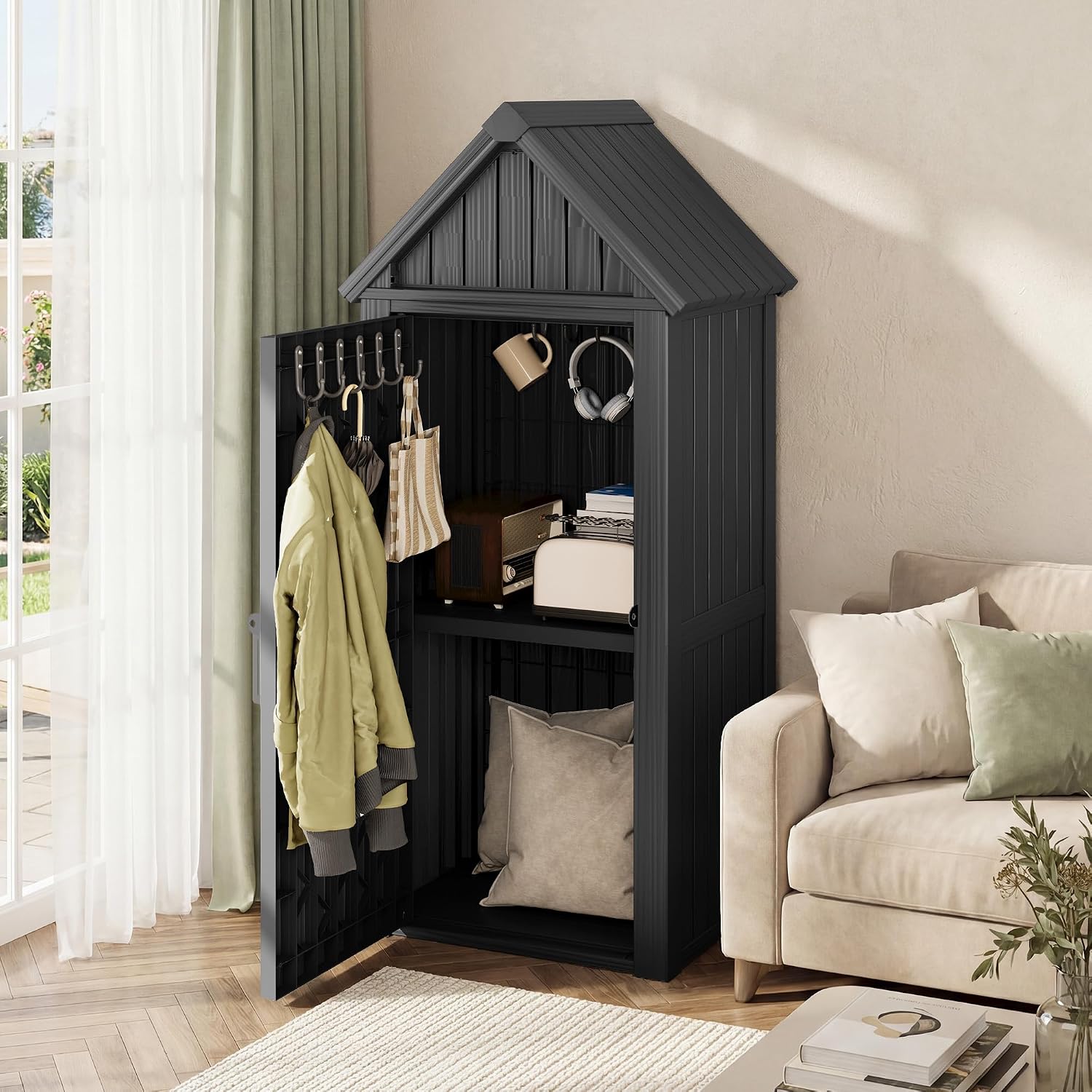 Fancyango Outdoor Resin Storage Cabinet Sturdy All-Weather Shed with Removable Shelves Lock Ring & Reinforced Floor – for Garden Patio Lawn (Black)
