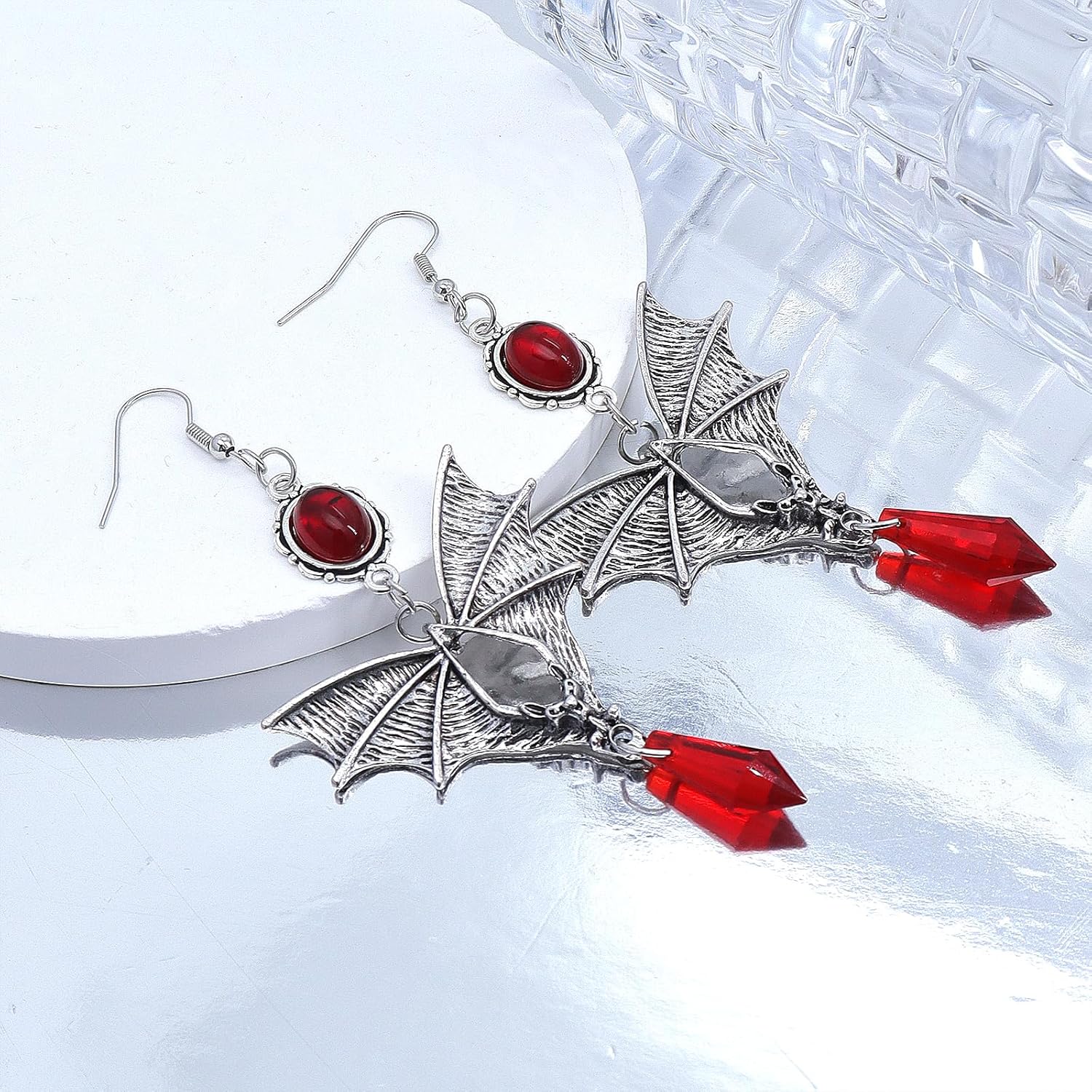 Gothic Black Bat Vampire Dangle Earrings with Red Crystal Gems - Punk Animal Earrings for Halloween Costumes & Women - Image 5