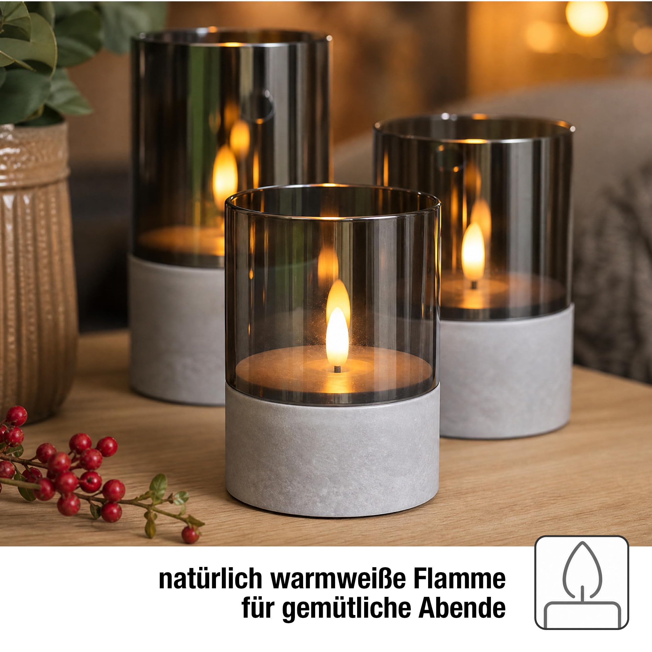 hellum LED Kerzen mit Timerfunktion, 3er Set LED Stumpenkerzen Outdoor, flackernde Flamme, Grau Ø 8 cm, Höhen 10/12,5/15 cm, 6h-Timer, batteriebetrieben (6x AA, nicht inkl.) 151992