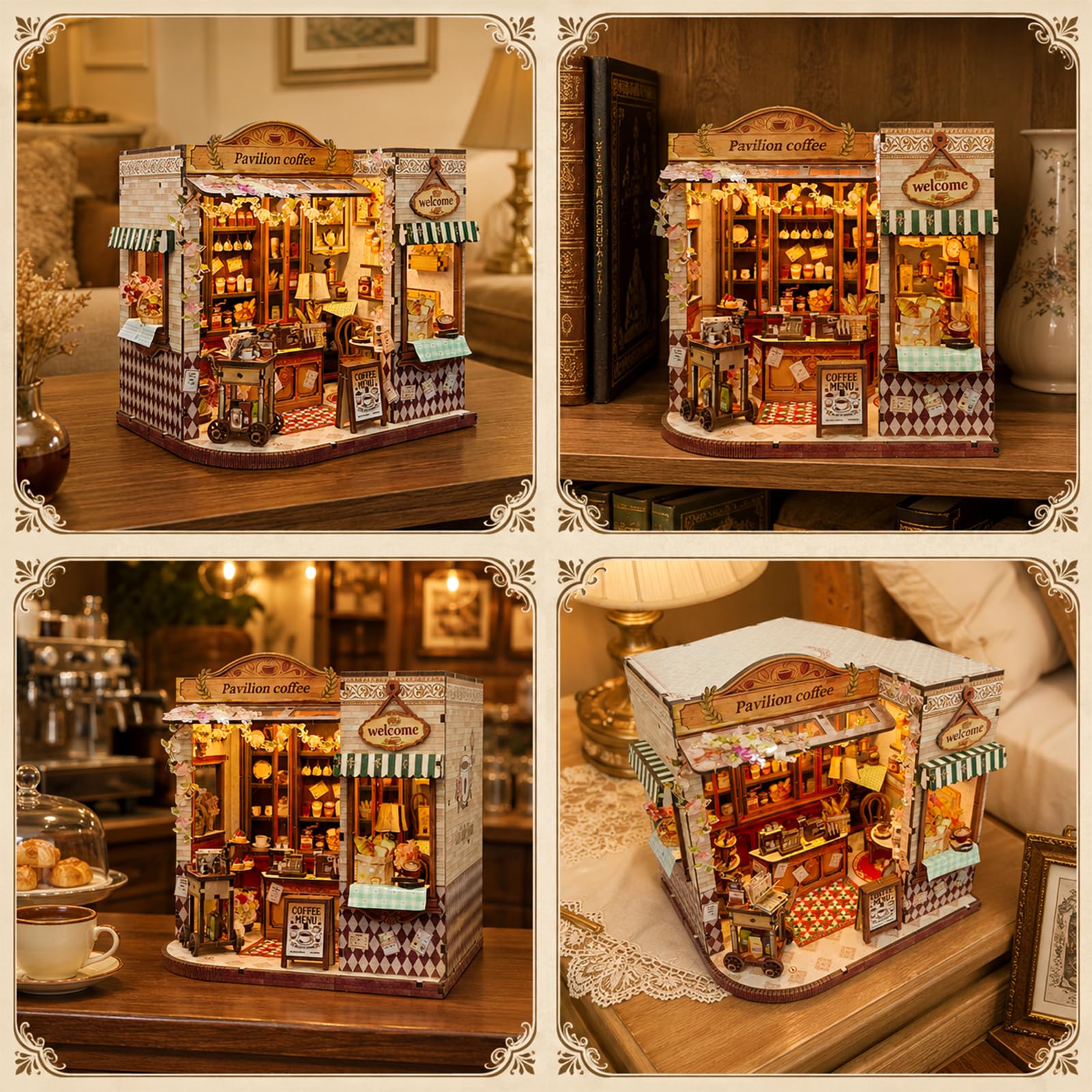 Puzzle 3D in legno fai da te in miniatura, kit fai da te, padiglione per il tempo libero, caffetteria con luce LED, 276 pezzi, kit di modellini retrò per casa delle bambole, hobby creativo in legno