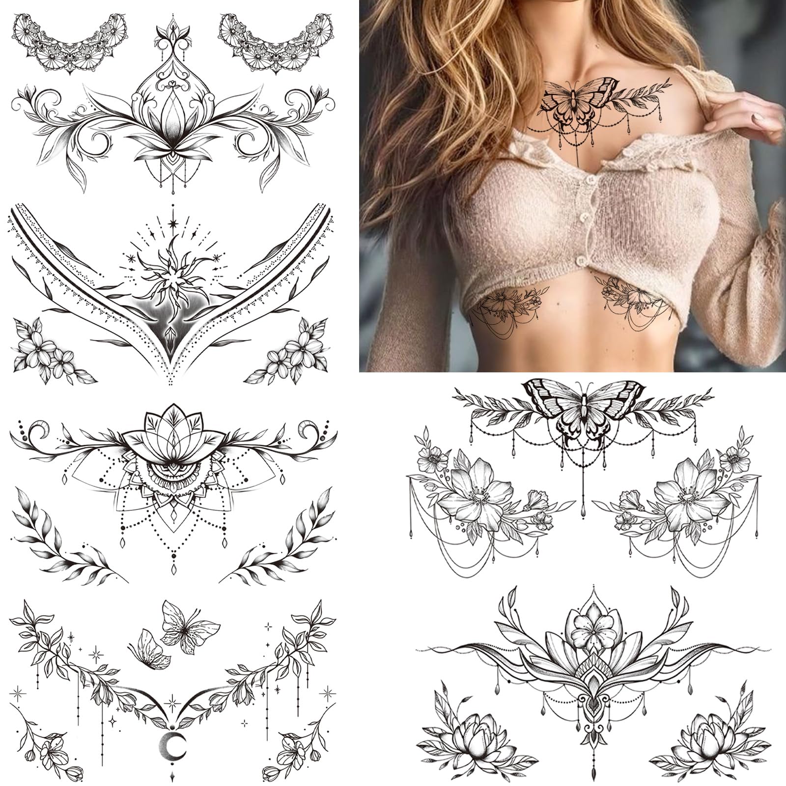 Tazimi Black Flower Chest Underboob Temporary Tattoos for Women