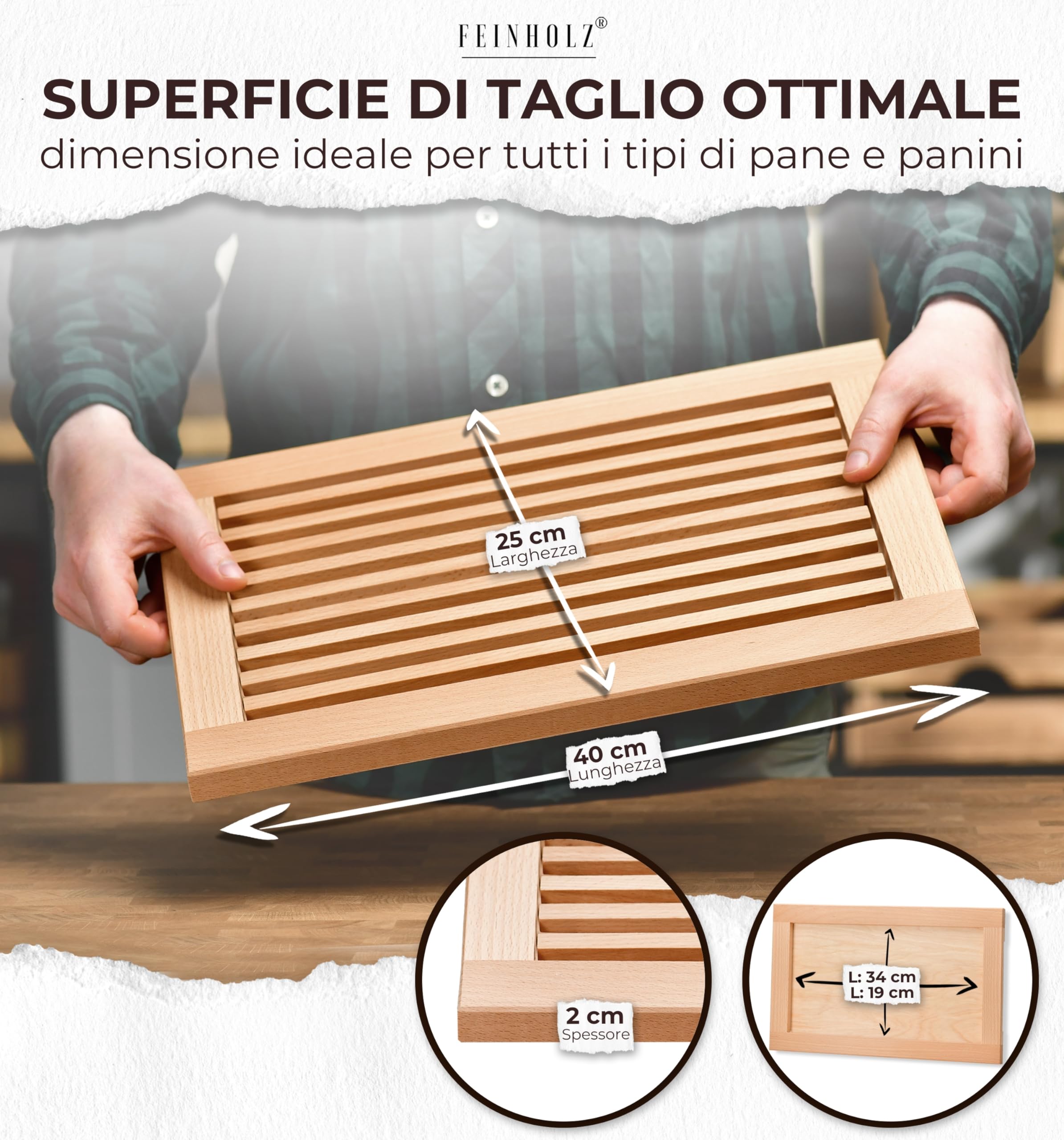 Tagliere pane con raccoglibriciole • Taglia pane 40 x 25 cm • In legno di faggio oliato • Prodotto in Europa • Tagliere pane raccogli briciole
