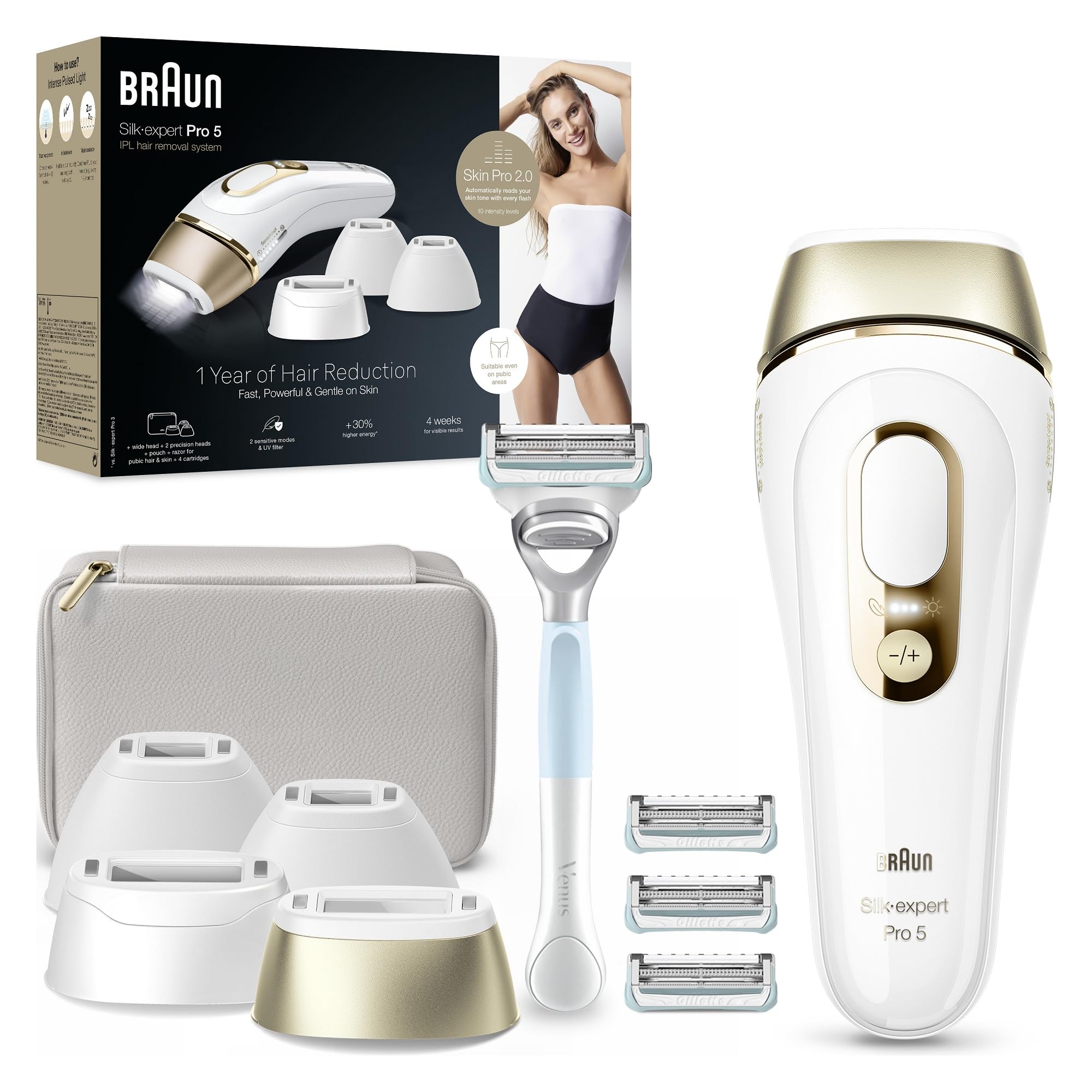 Braun Luz Pulsada Silk-expert Pro 5 PL5358 IPL, Eliminación Del Vello En Casa, Funda, Maquinilla De Depilación Venus, 4 Cabezales
