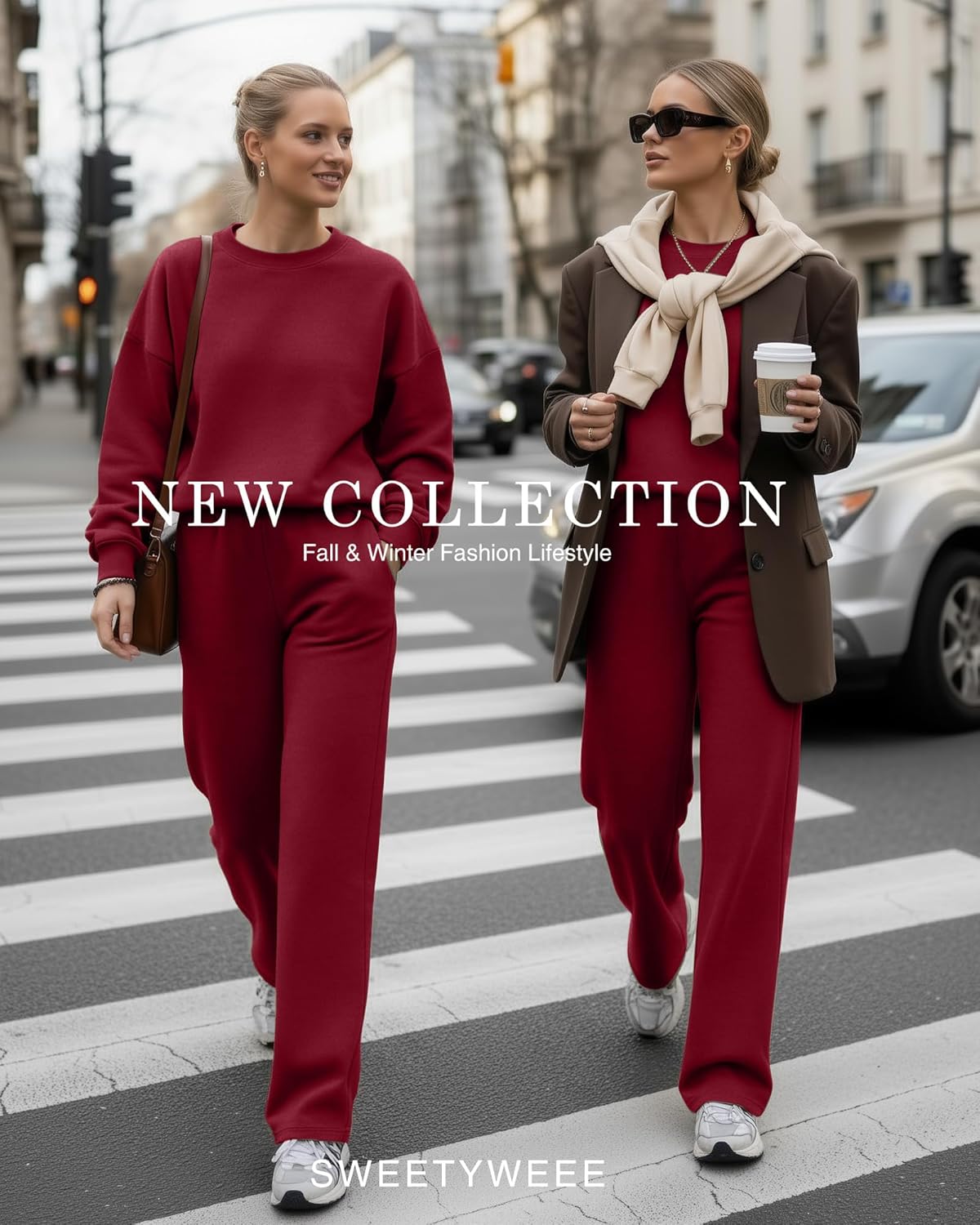 Women's 2 Piece Outfits Set Fleece Lined Lounge Sweatsuit Crewneck Pullover Top Wide Leg Pants Casual Tracksuit(Wine Red,Large) - Image 6