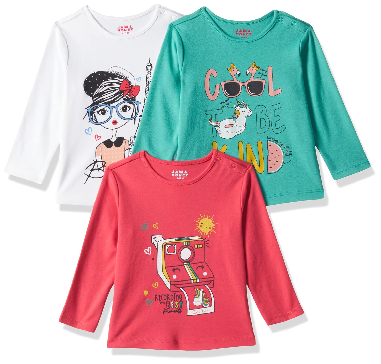 Amazon Brand – Jam & Honey Girl’s Baby- 100% Soft & Pure Cotton Long Sleeve Stylish Comfy Printed Regular Fit T-Shirts (Pack of 3) offers donot miss