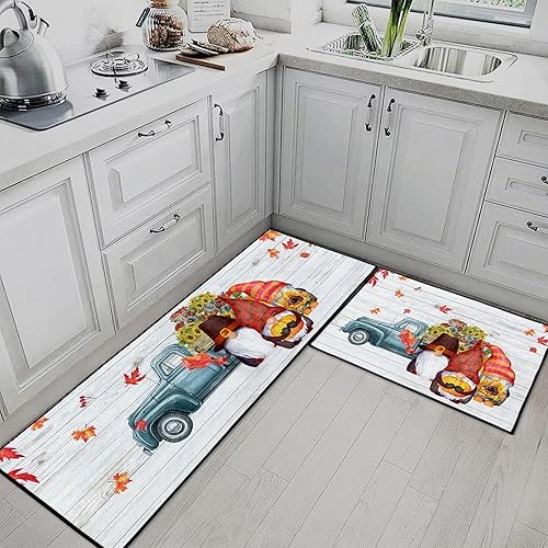 Miniatura 2 de Juego de 2 alfombras y tapetes de cocina de otoño, antideslizantes, lavables, juego de 2, alfombra de cocina vintage para piso, hojas de arce,