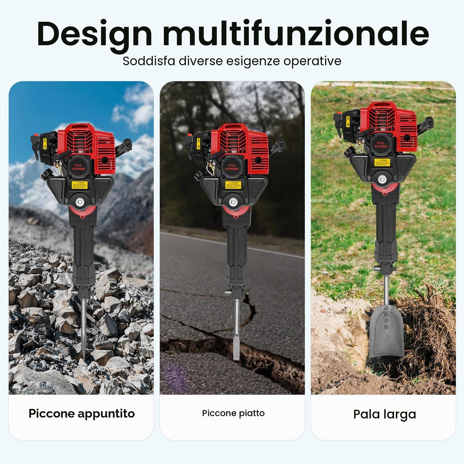 Macchina per scavo albero da 1900 W con motore a benzina, escavatore portatile con motore a benzina, martello demolitore a benzina, albero escavatore con guanti e occhiali protettivi, 6500 r/min