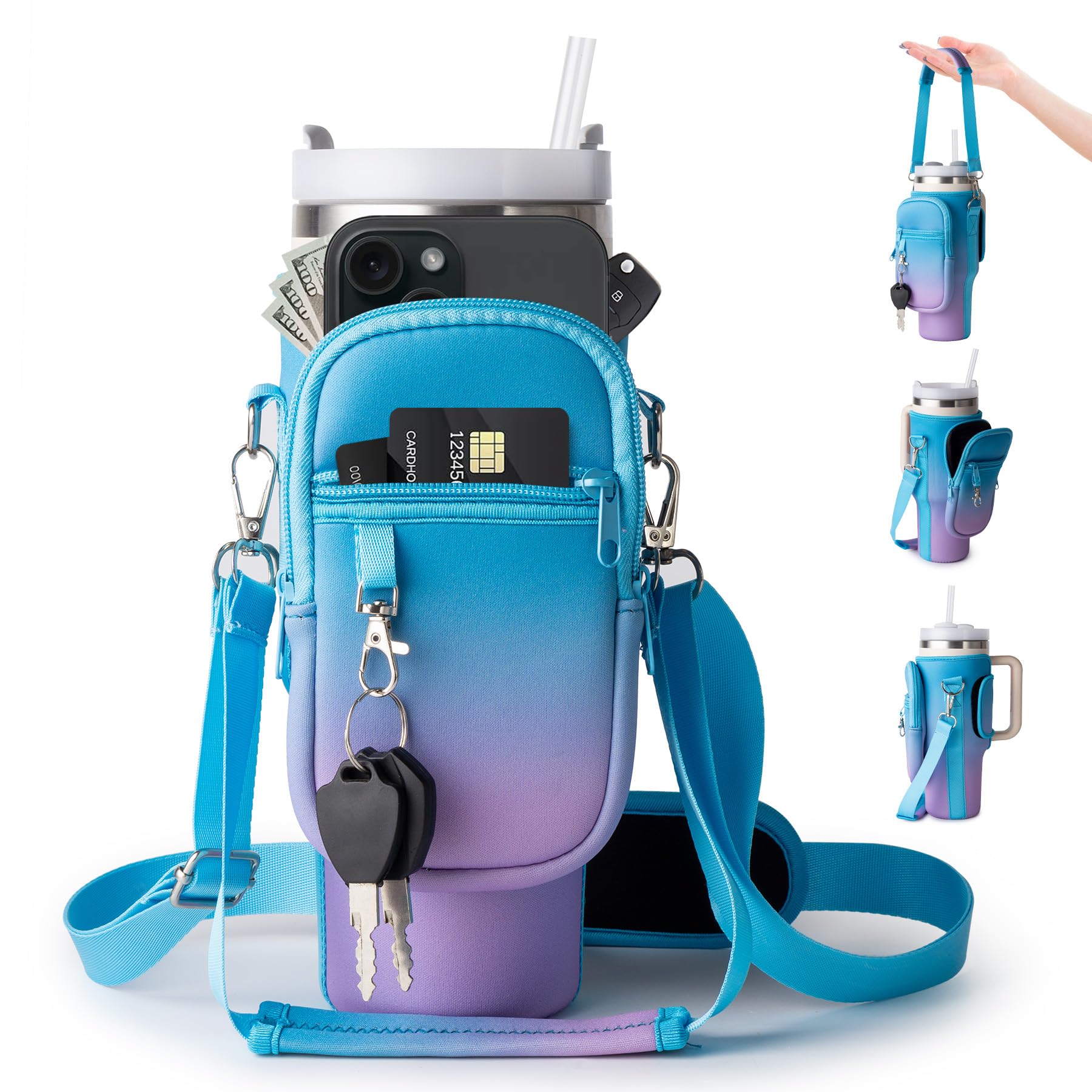 linmaya Water Bottle Carrier Bag with Phone Pocket for Stanley Cup 40/30oz,Insulated Neoprene Water Bottle Holder Cross-boday Bag with Adjustable Shoulder & Handheld Strap Stanley Cup Accessories