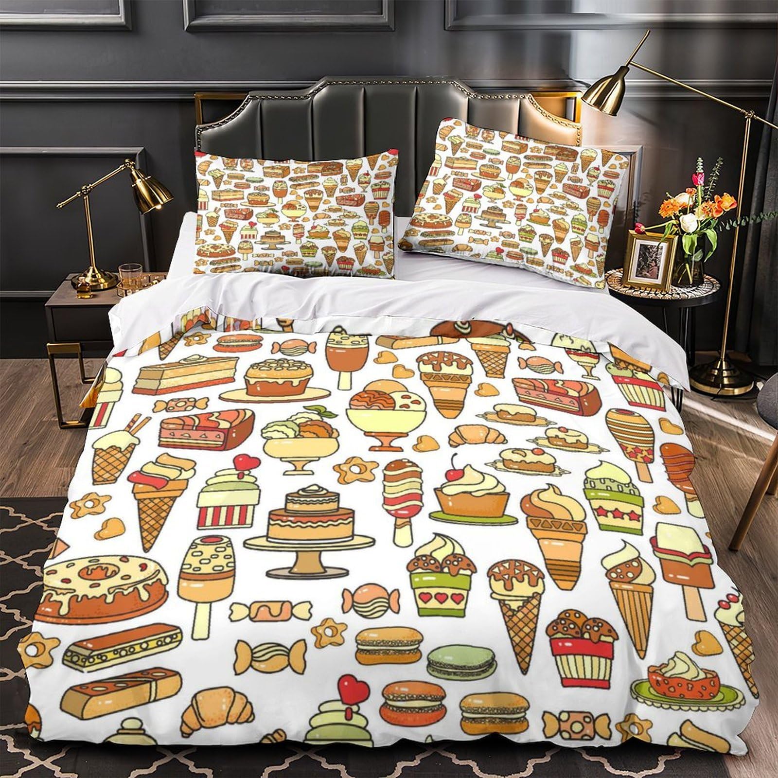 Housse de couette 3D desserts sucrés 260x220 cm avec 2 taies d'oreiller en microfibre