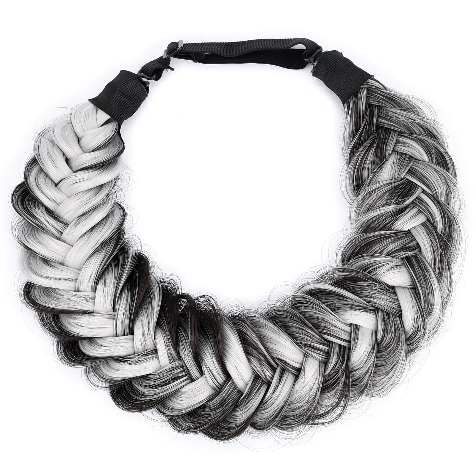 BOBIYA Messy Wide 2 Strand Synthetic Hair Braided Headband Classic Chunky Plaited Hair Headband (Salt Highlighted Pepper)