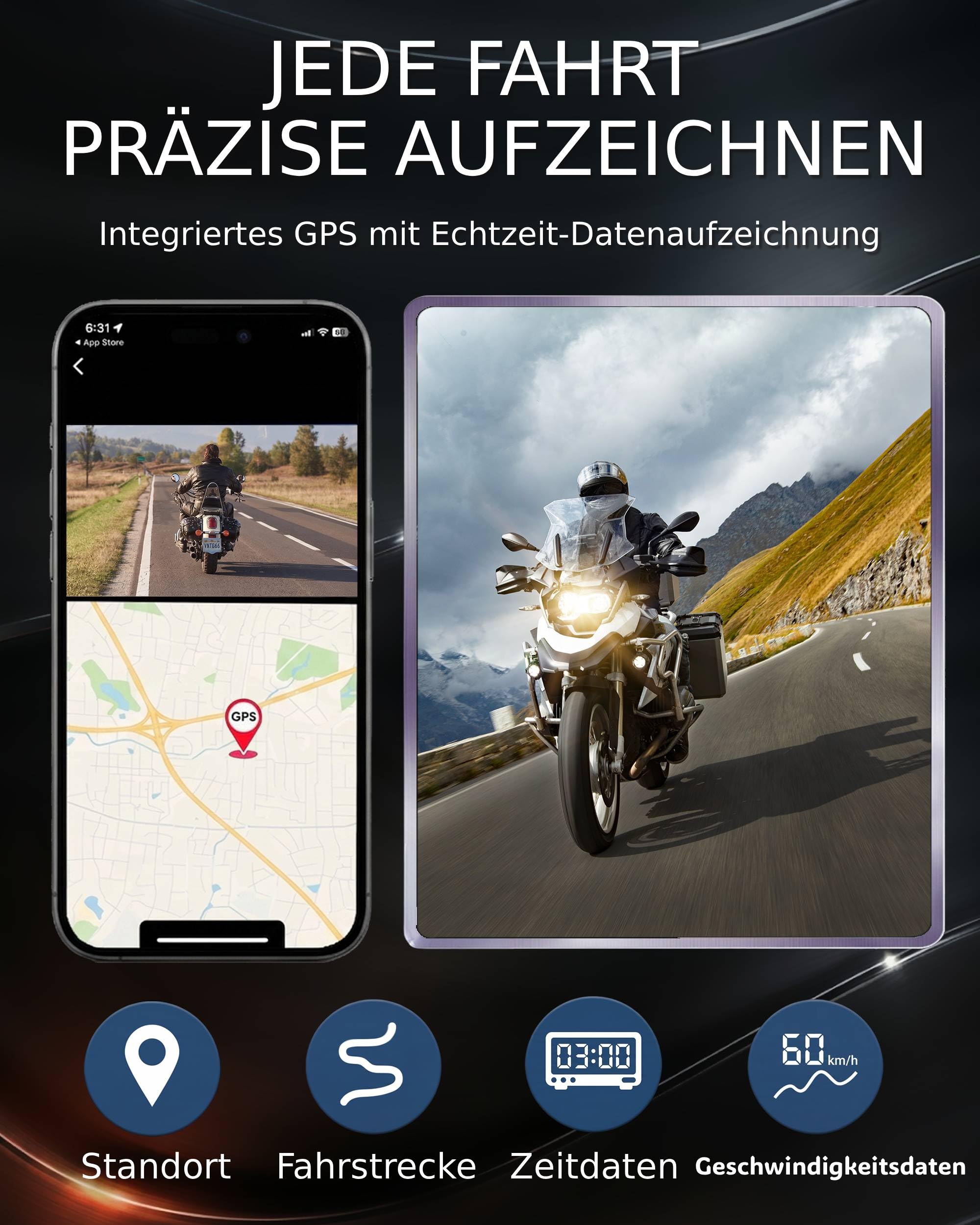 Mio Dashcam Motorrad Vorne Hinten kabellos mit akku 4,5 Stunden, dashcam motorradhelm mit Schutzart IP67, 2.5K HDR,GPS, Wi-Fi, 60fps, App-Steuerung, 3 Jahre Garantie (MiVue MP30)