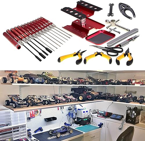 Miniatura 9 de Kit de herramientas de coche RC (27 piezas), juego de destornilladores (plano, Phillips, hexagonales), alicates, llave cruzada, escariador corporal,