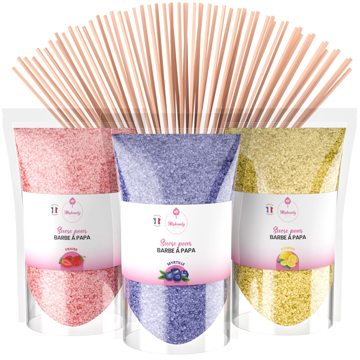 Misskandy Algodón de Azúcar para Máquina Pack 3x160g Sabores Naturales Fresa Arándano Limón