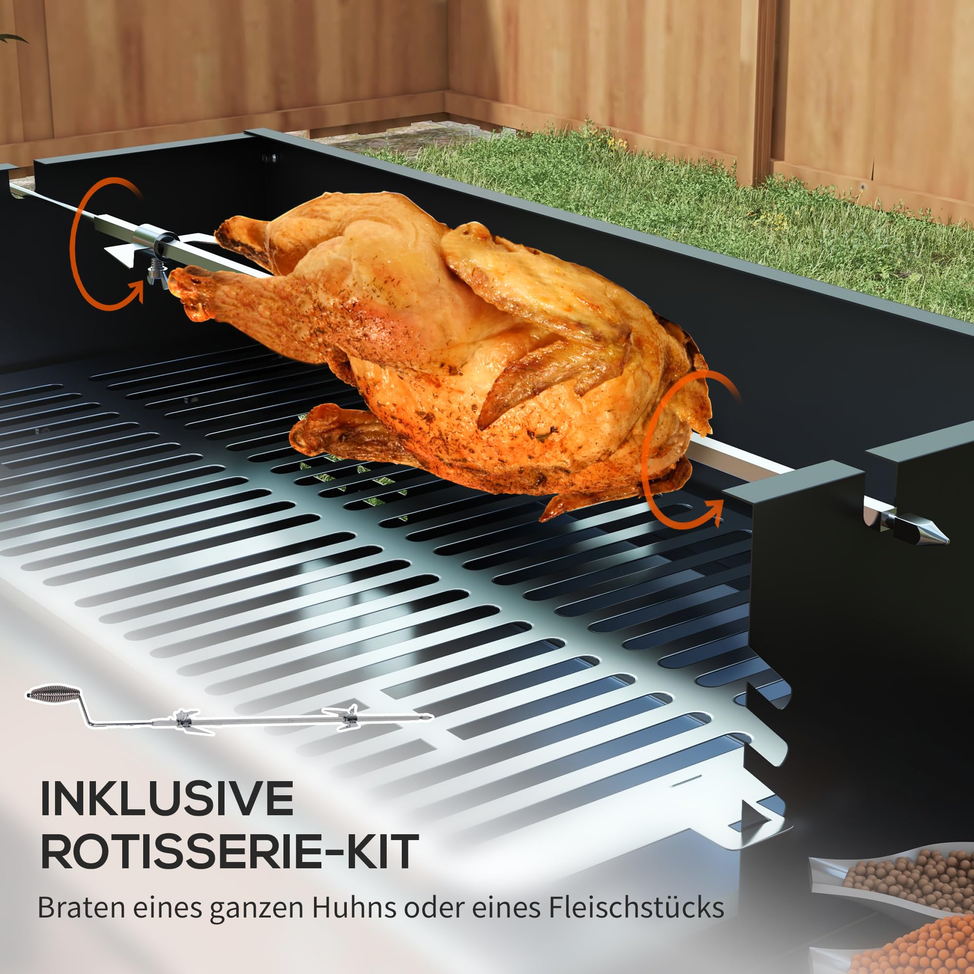 Outsunny Grill na węgiel drzewny, grill kempingowy z rusztem do grillowania i zestawem do rożna, składany, na kemping, do ogrodu, ze stali nierdzewnej + metal, czarny, 118 x 32 x 90 cm