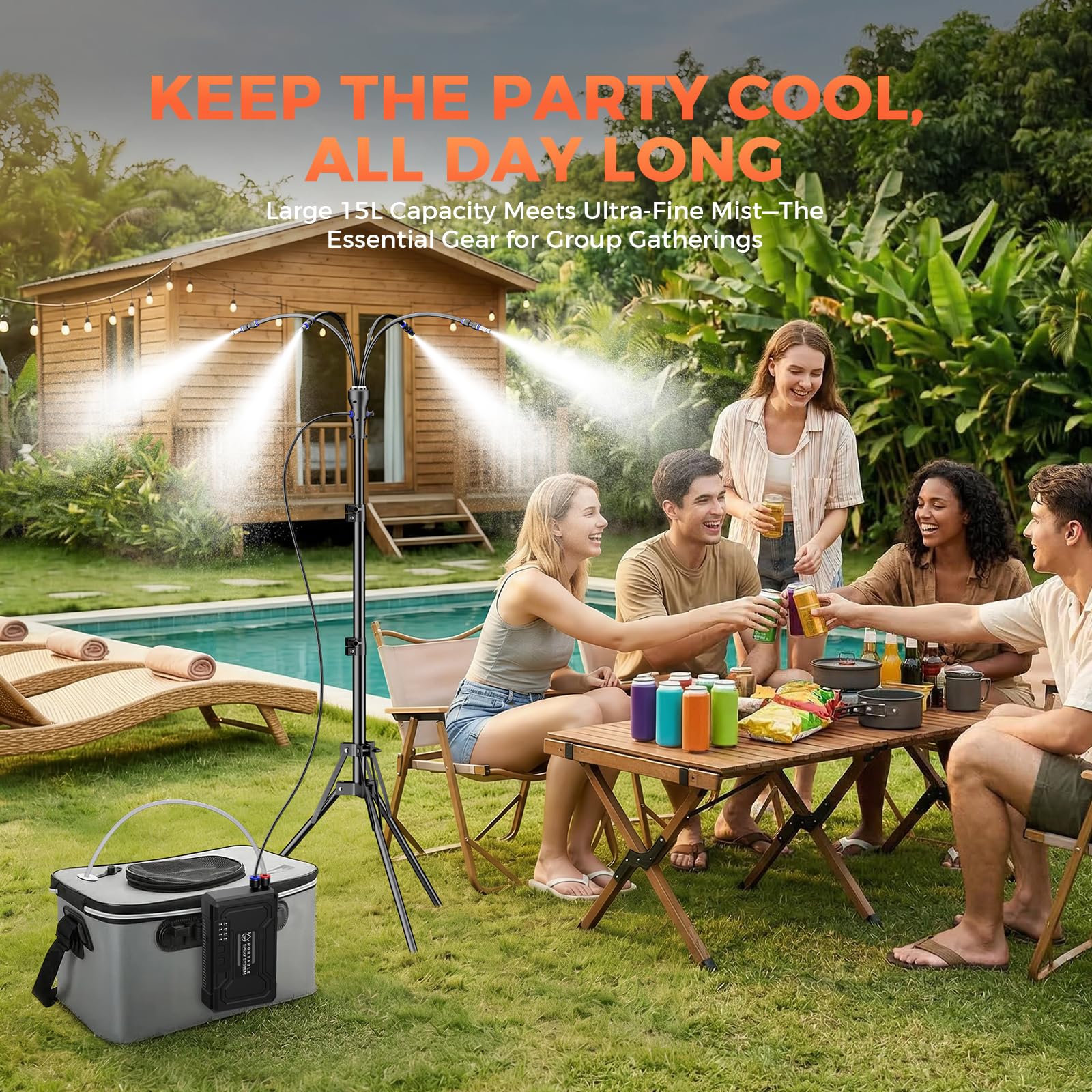 Système de brumisation portable avec seau de 15 L, brumisateur sur pied alimenté par batterie 10 000 mAh pour terrasse extérieure, hauteur réglable 1,28 m, ensemble de refroidissement par eau sans fil